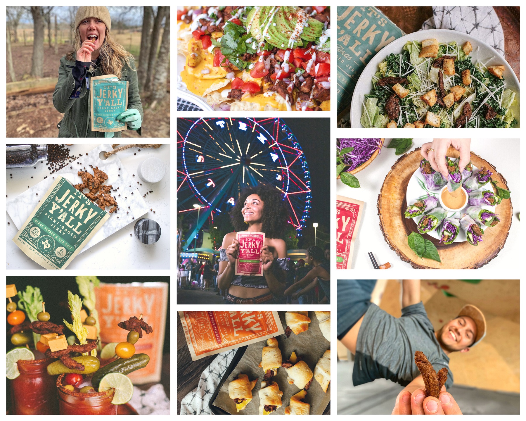 Person holding a book outdoors, colorful food dishes, person at a carnival, pizza, snacks, and a person lying on the floor.