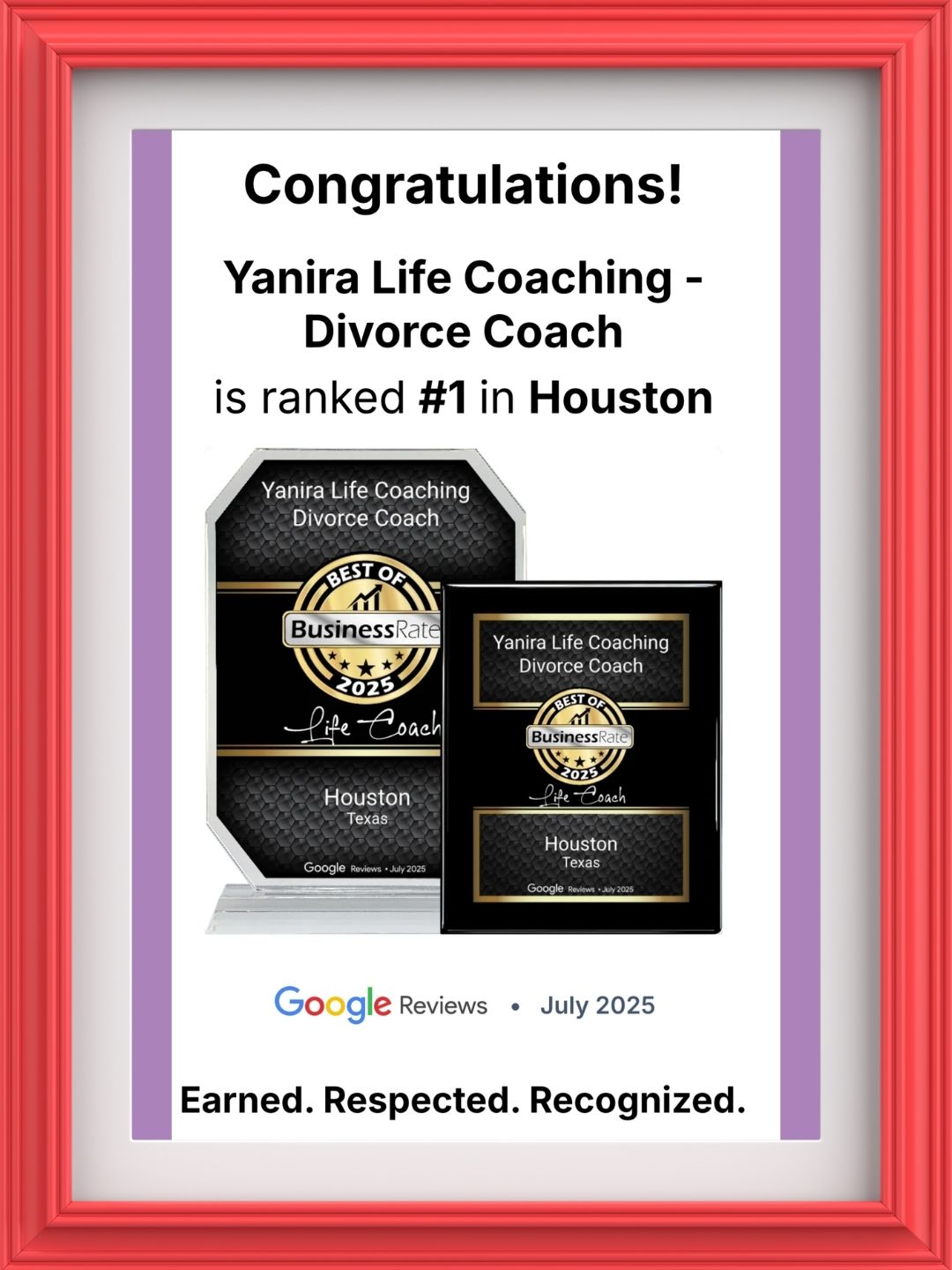 Certificate of achievement for Yanira Life Coaching as divorce coach, with awards and text, framed in pink.