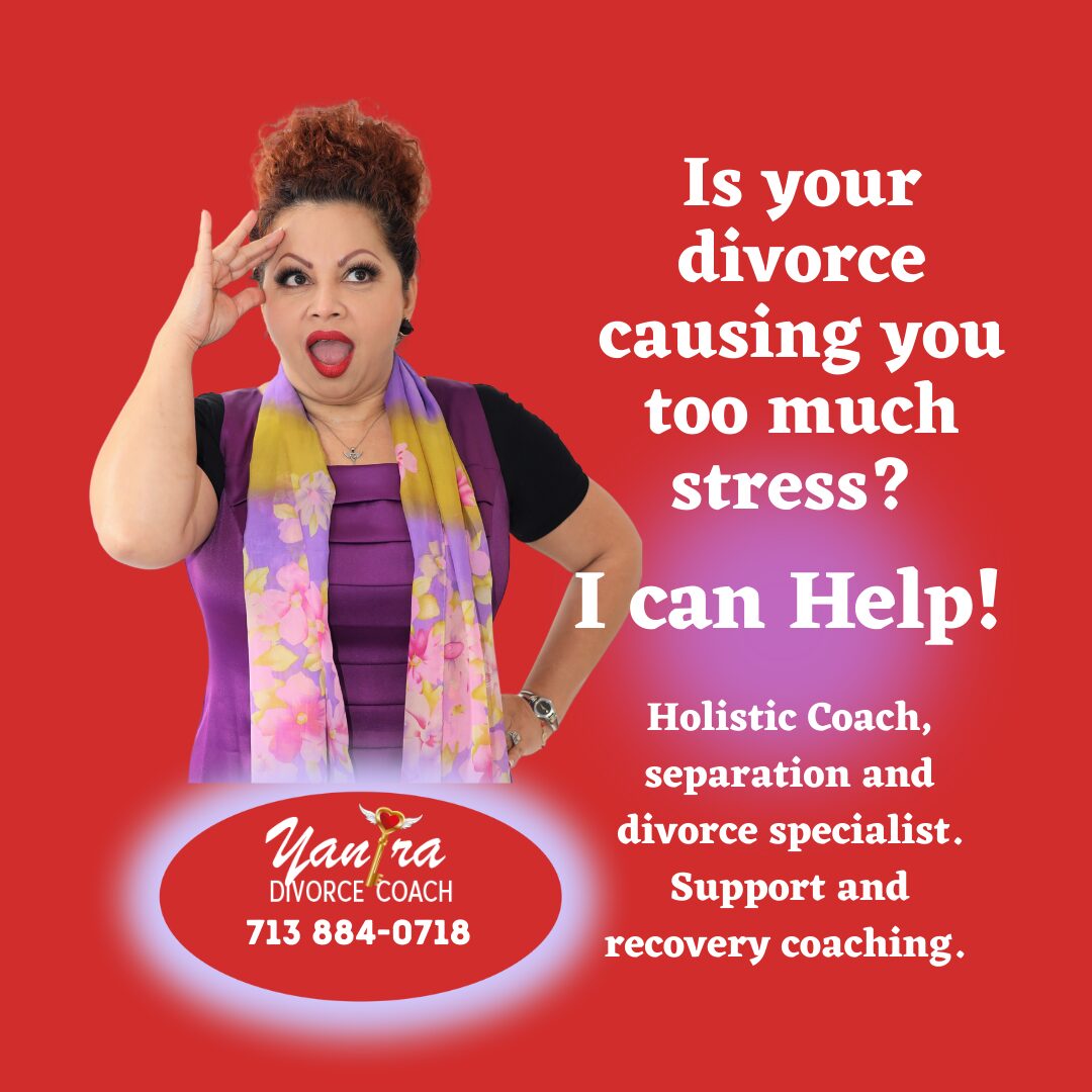 Woman with surprised expression pointing to her head, promoting divorce coaching services on red background.