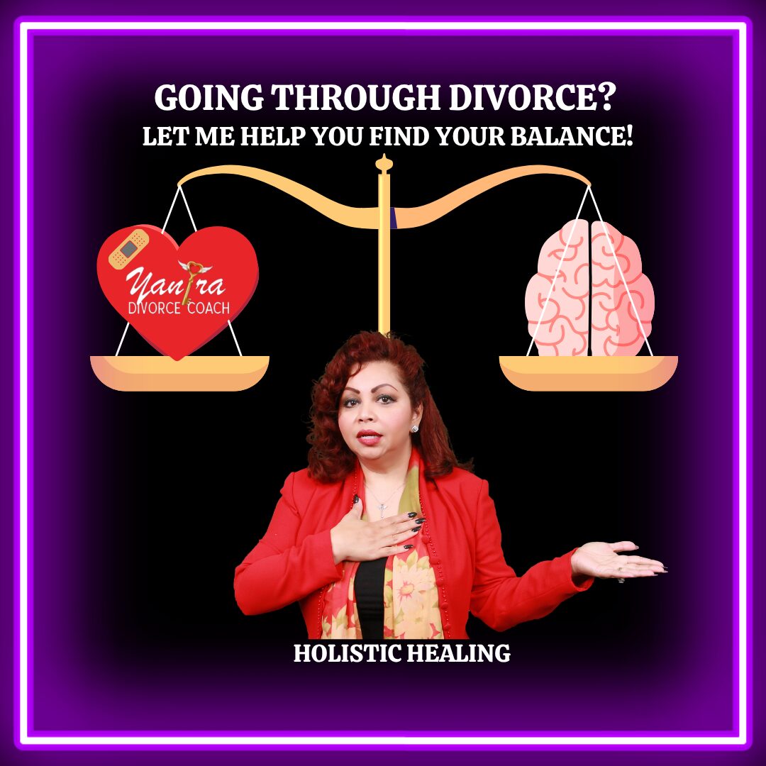 Woman in red jacket with hand on chest, balancing a heart and brain on a scale, promoting holistic healing during divorce.