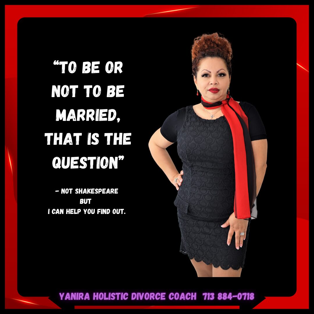 Woman in black dress with red scarf standing next to quote about marriage and Shakespeare.