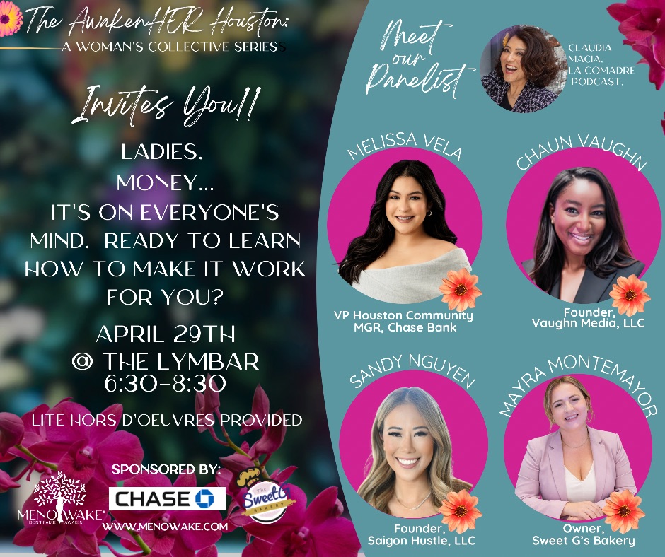 Event poster with photos of four women, pink and teal background, and event details for a women's series event.