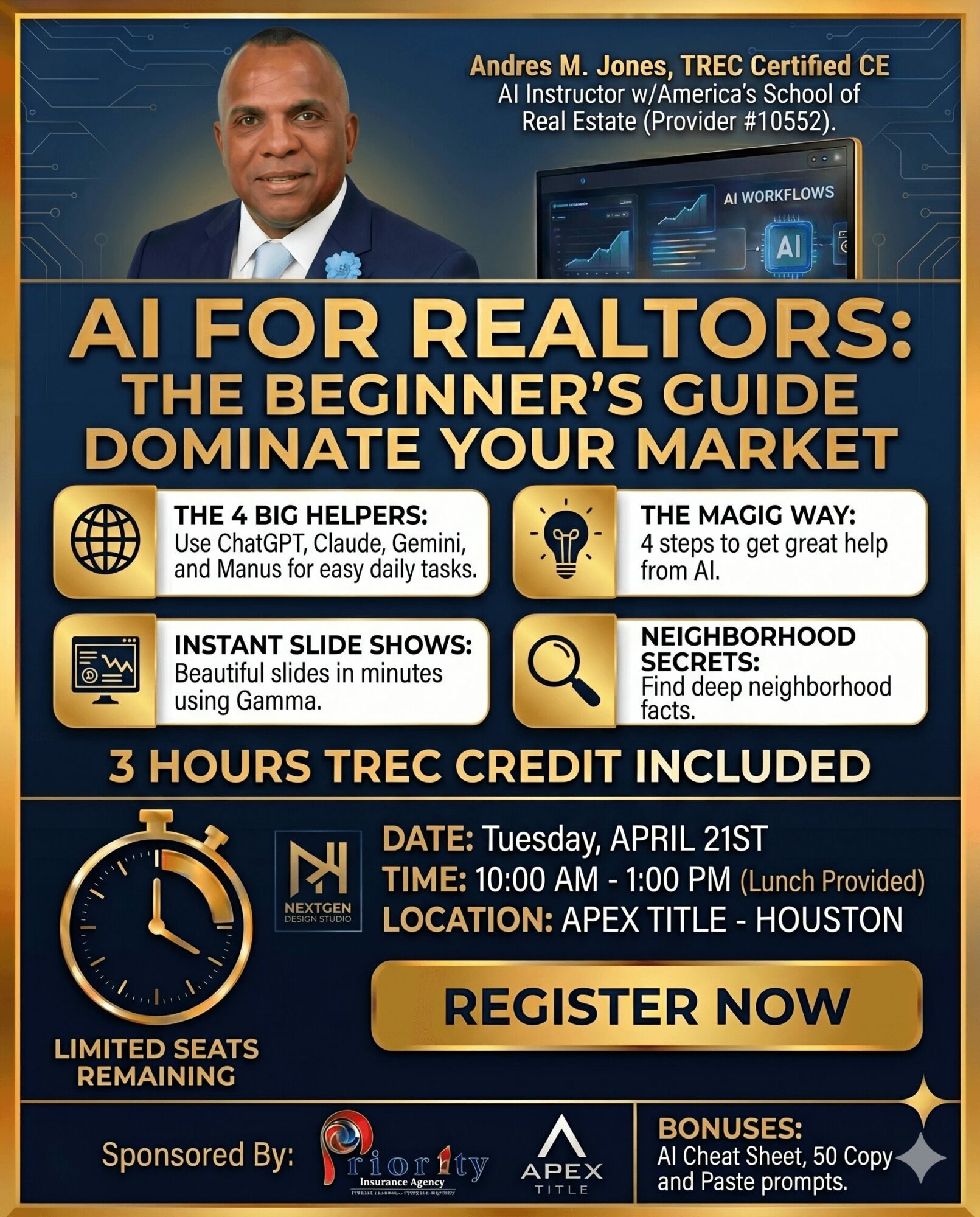 Promotional flyer for real estate event featuring a man in a suit, event details, and registration information.