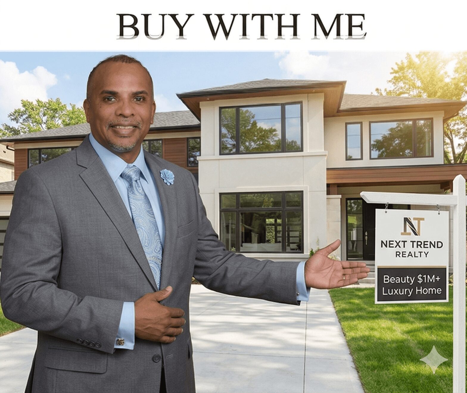 Man in suit standing outside modern house with real estate sign, smiling and gesturing towards property.