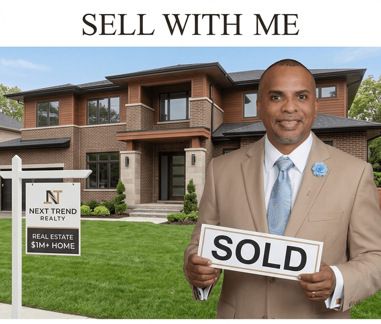 Man in beige suit holding a 'SOLD' sign in front of a modern house with a lawn.