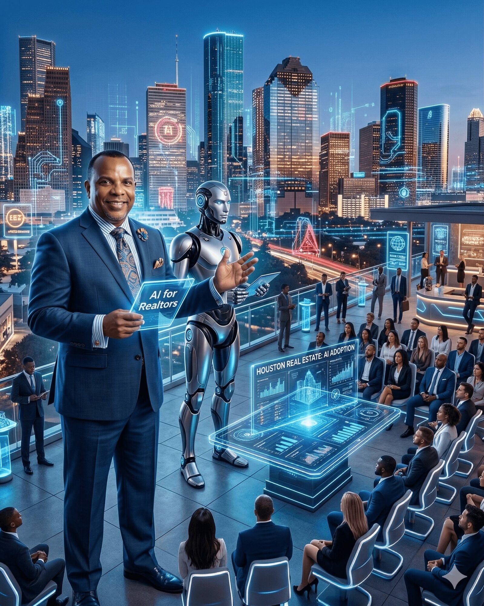 Man in suit holding a sign, robot, audience seated outdoors, city skyline with tall buildings, digital displays, and a holographic platform.