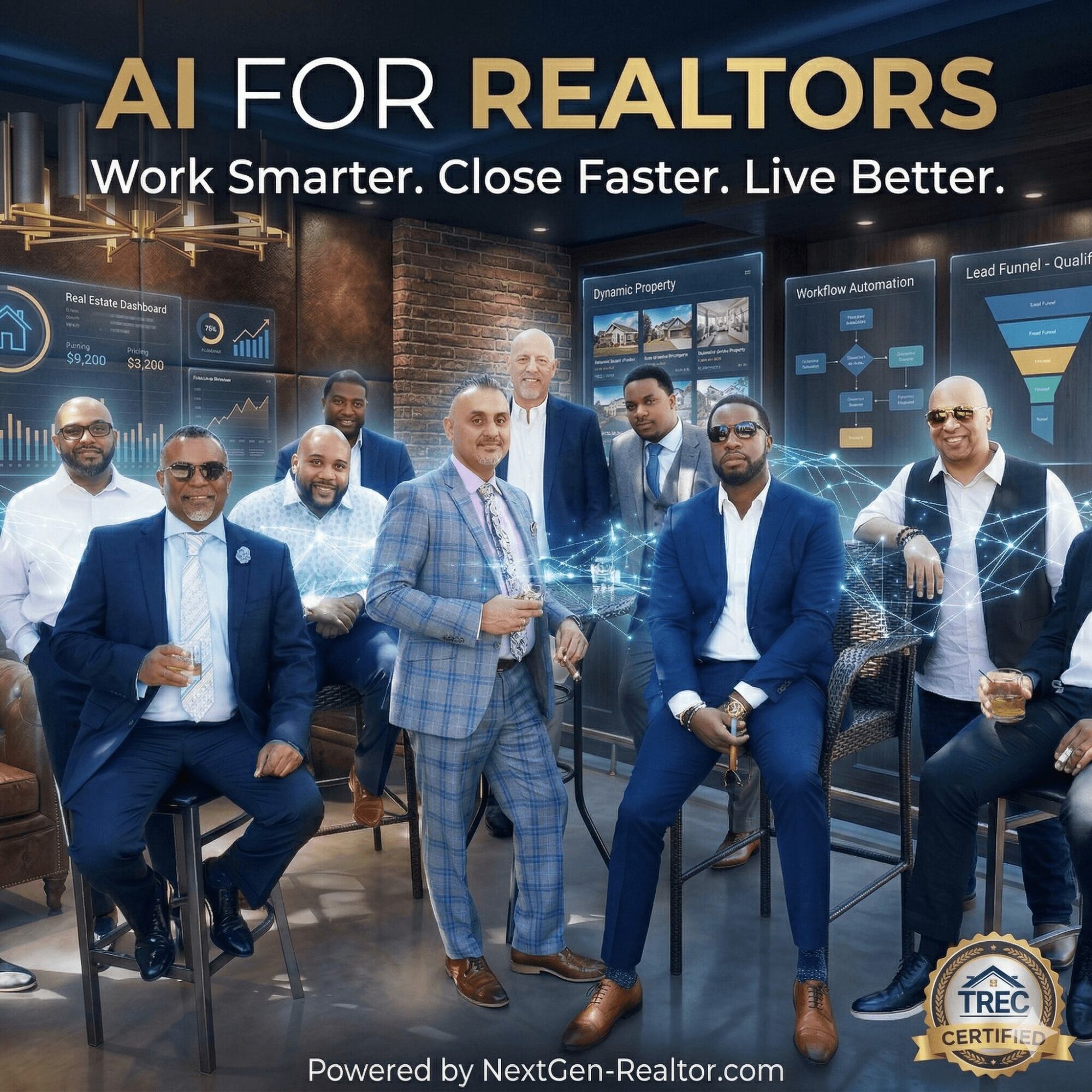 Group of professionals in suits in a modern office with digital screens and graphs, promoting real estate technology.