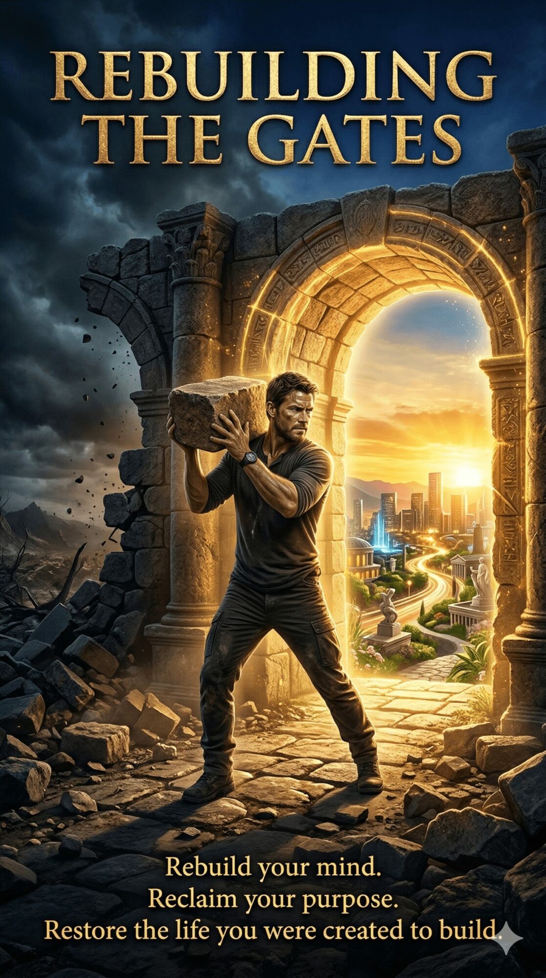 Man lifting a large stone through an ancient stone arch with a cityscape and sunset in background.