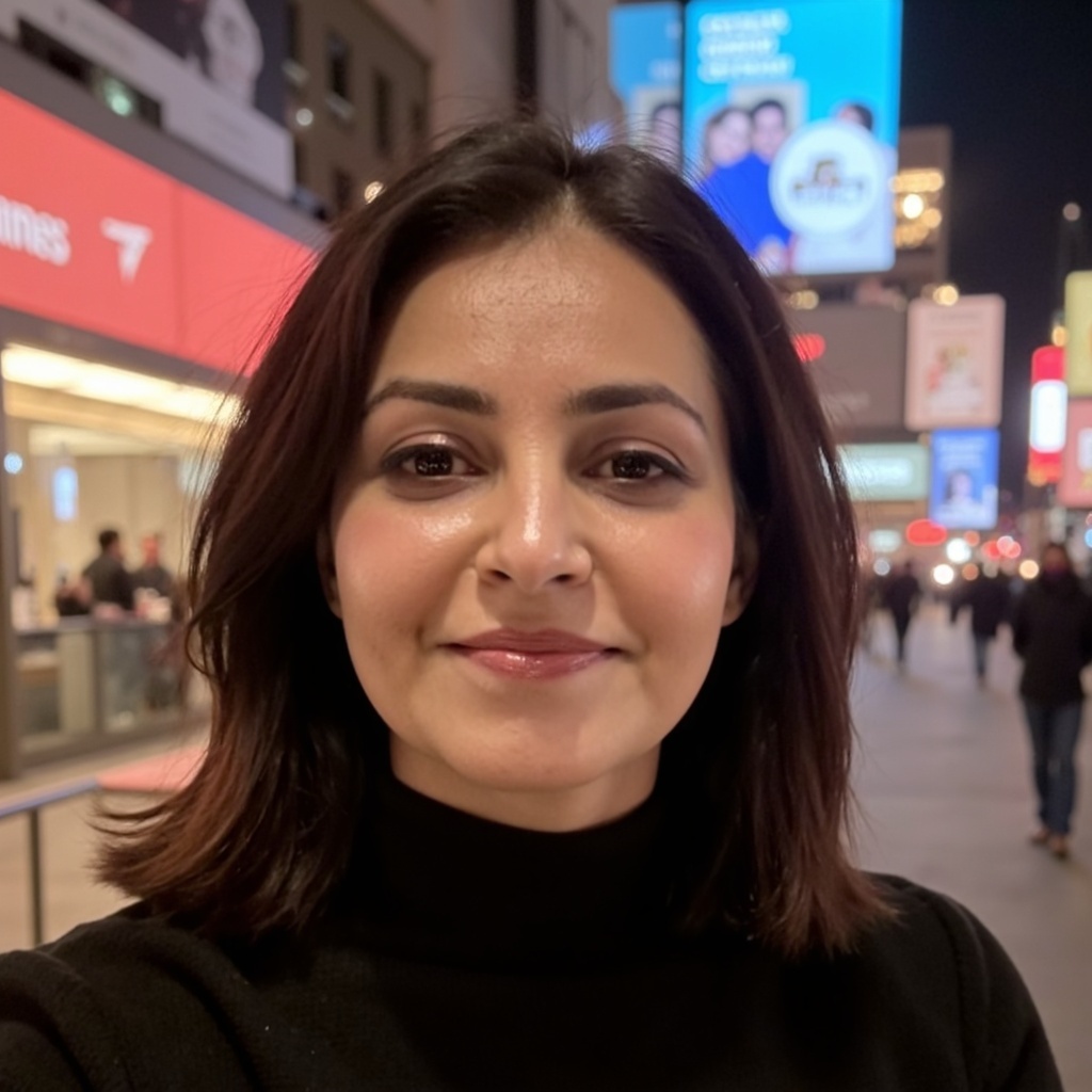 Young woman with shoulder-length dark hair smiling outdoors at night in a busy city.