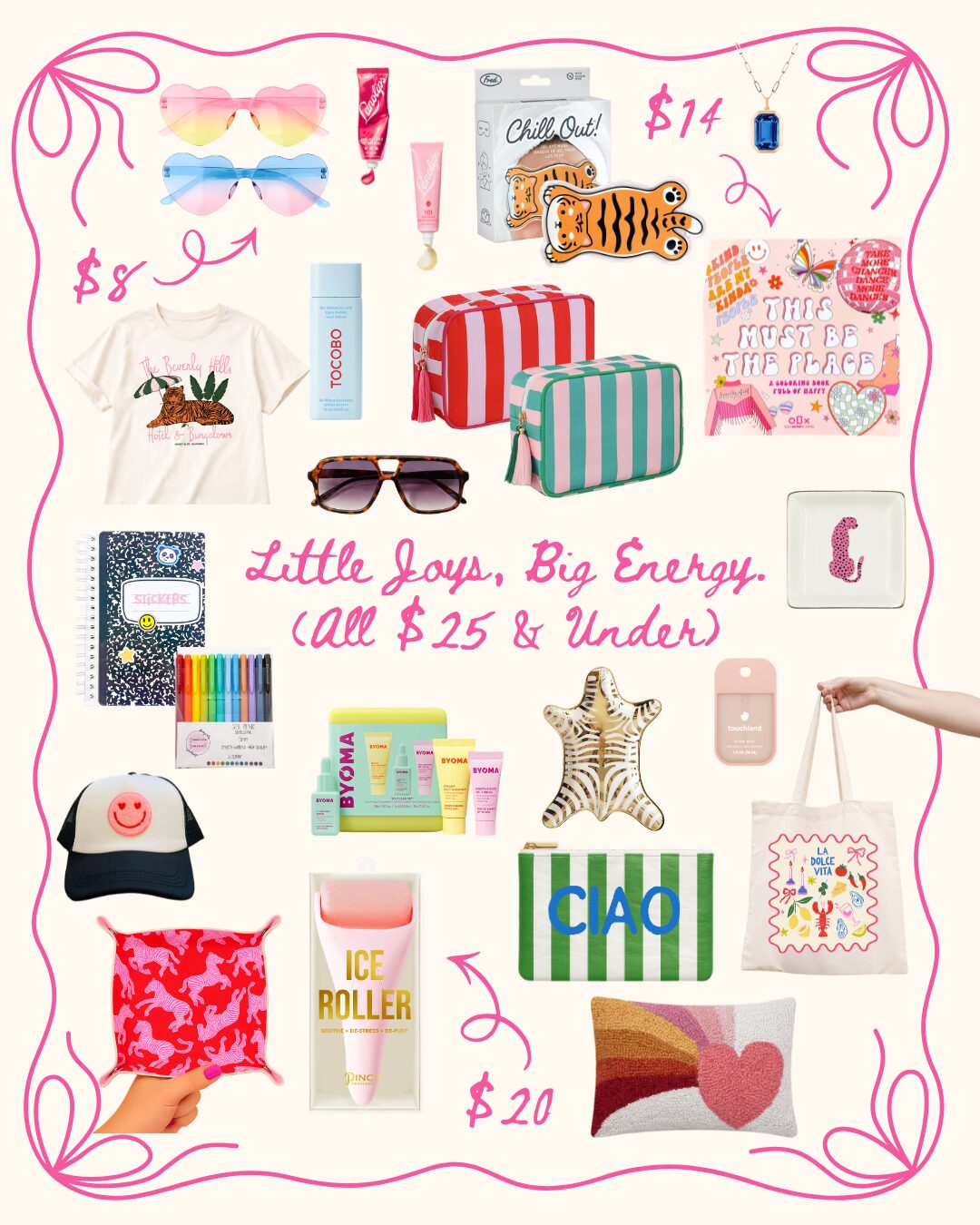 Collection of children's toys and accessories including bags, clothing, and stationery, with prices and colorful designs.