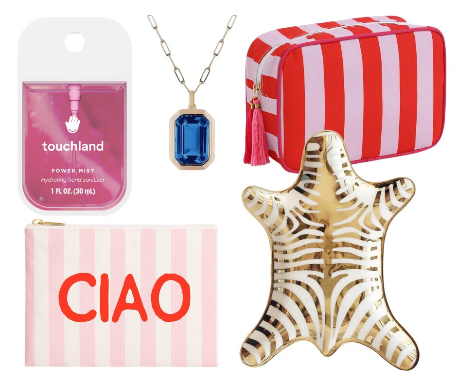Collection of items including hand sanitizer, necklace with blue pendant, striped bag, greeting card, and star-shaped object.