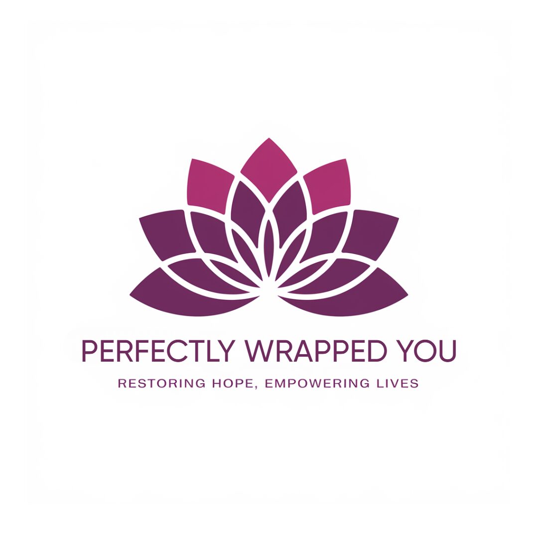 Purple lotus flower logo with text 'Perfectly Wrapped You' and tagline below.