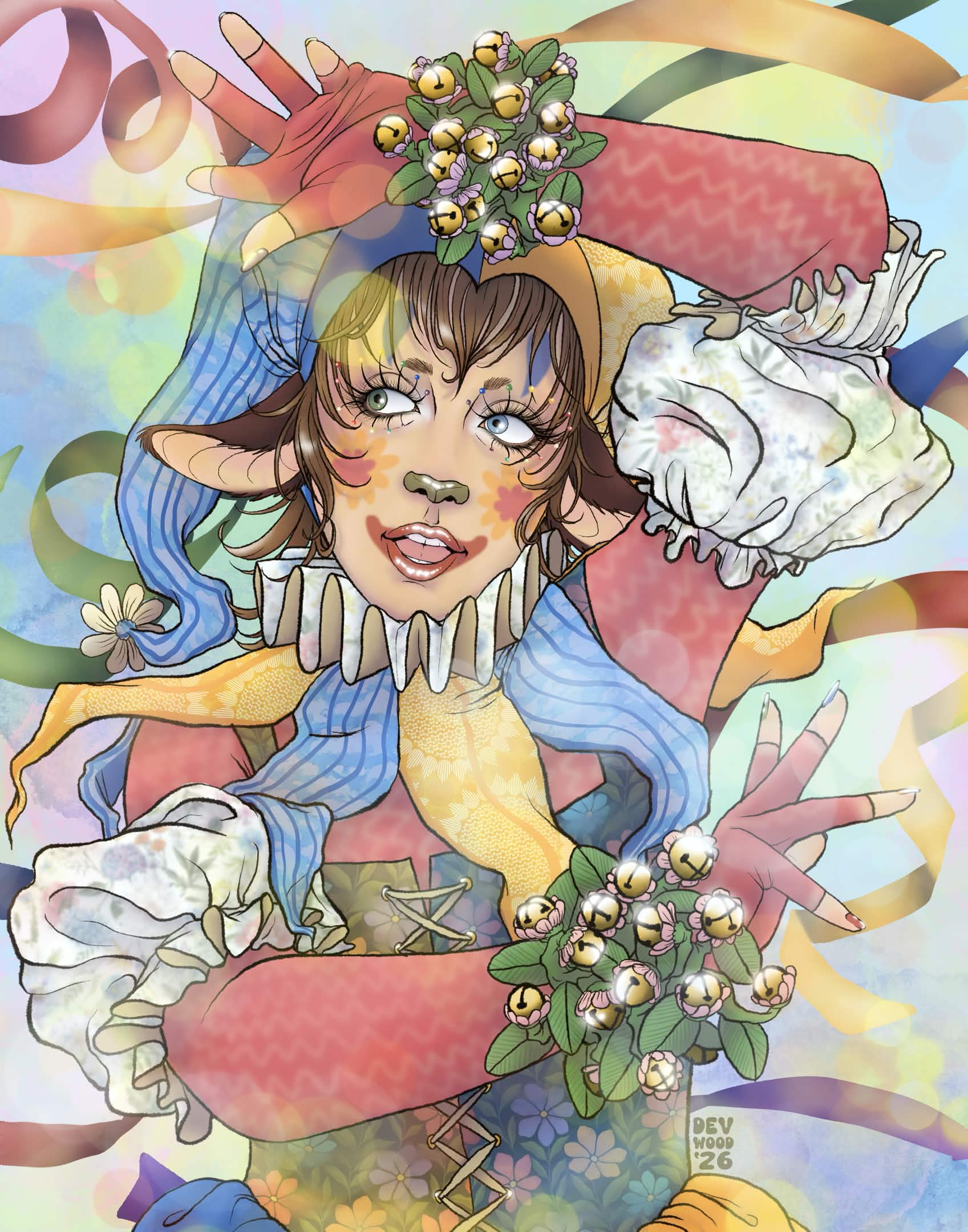 Fantasy character with animal ears, colorful hair, floral headpiece, and elaborate costume, holding flowers and making a peace sign.