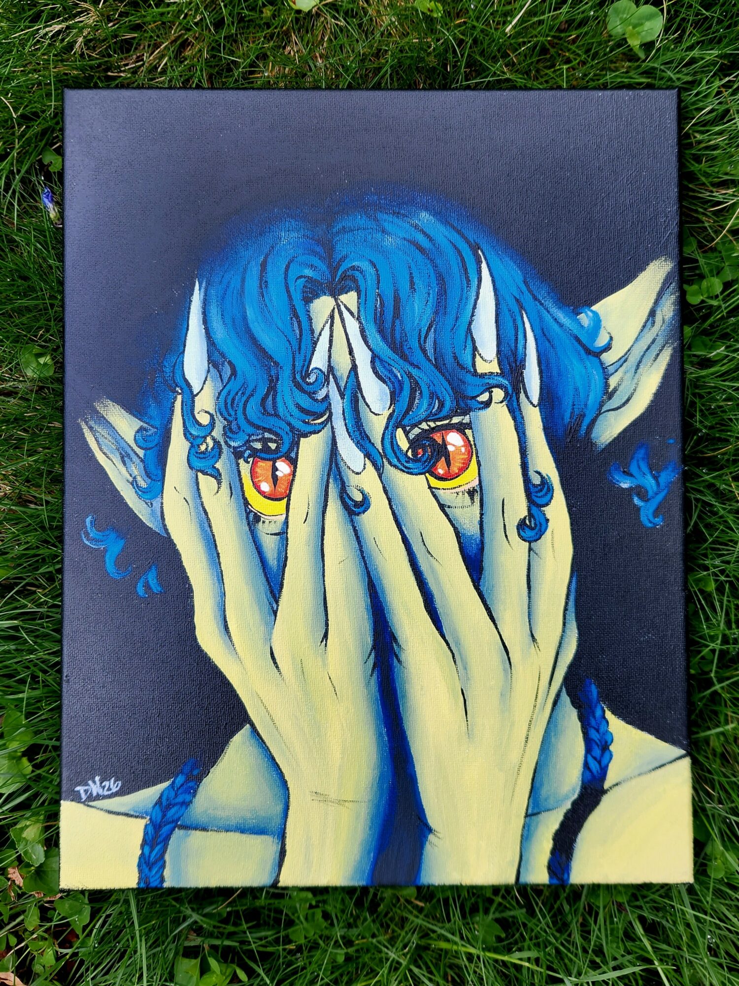 Painting of a person with blue hair covering their face with hands, revealing eyes and fingers, on a dark background.