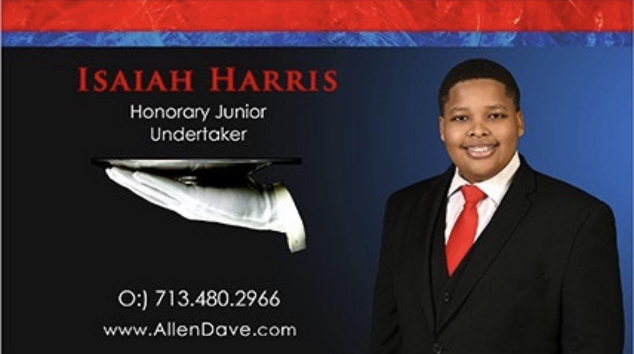Young person in suit and red tie smiling, business card with name Isaiah Harris, undertaker, contact info below.