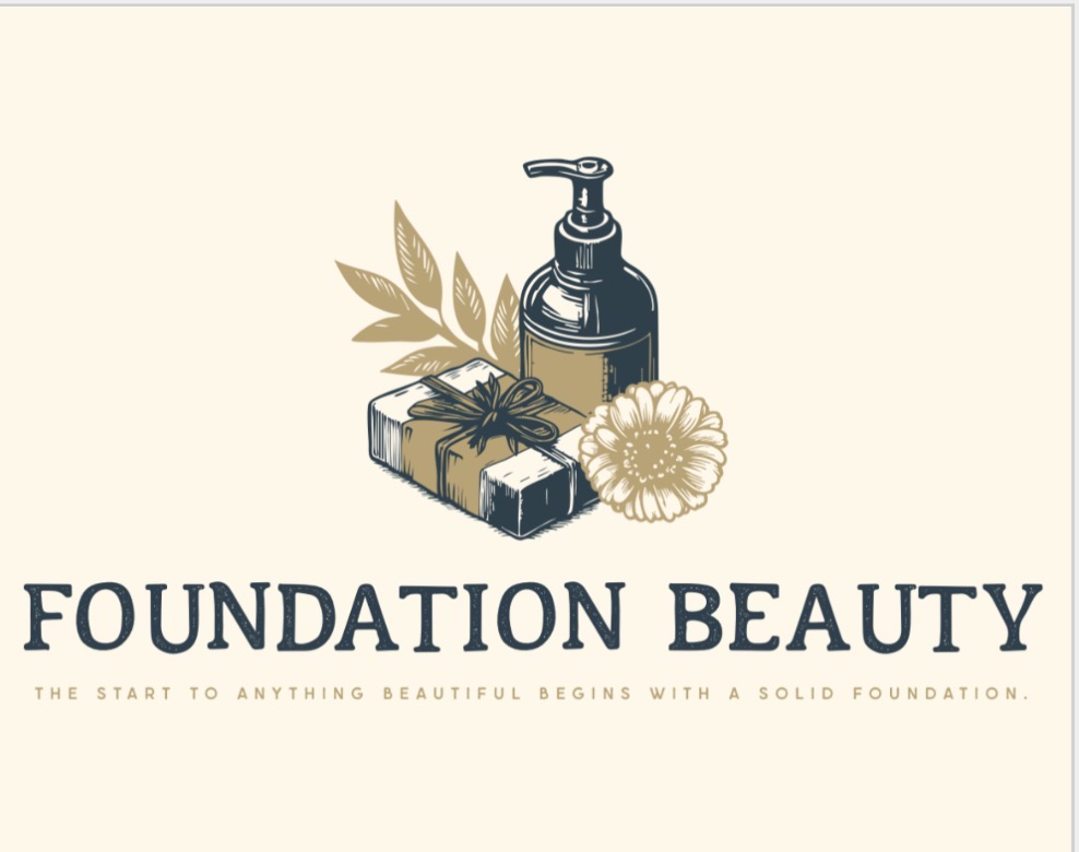 Soap dispenser, leaves, soap bar, and flower with text about foundation beauty.