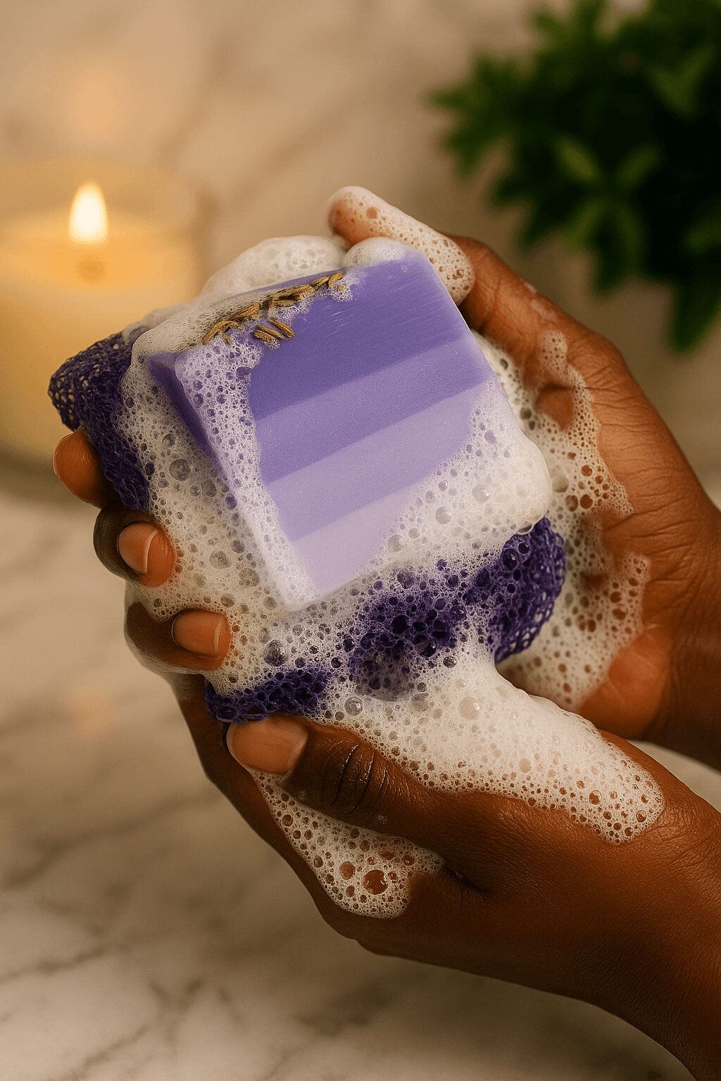 Person's hand holding a purple soap bar with soap suds, in a bathroom setting with a candle and plant in background.