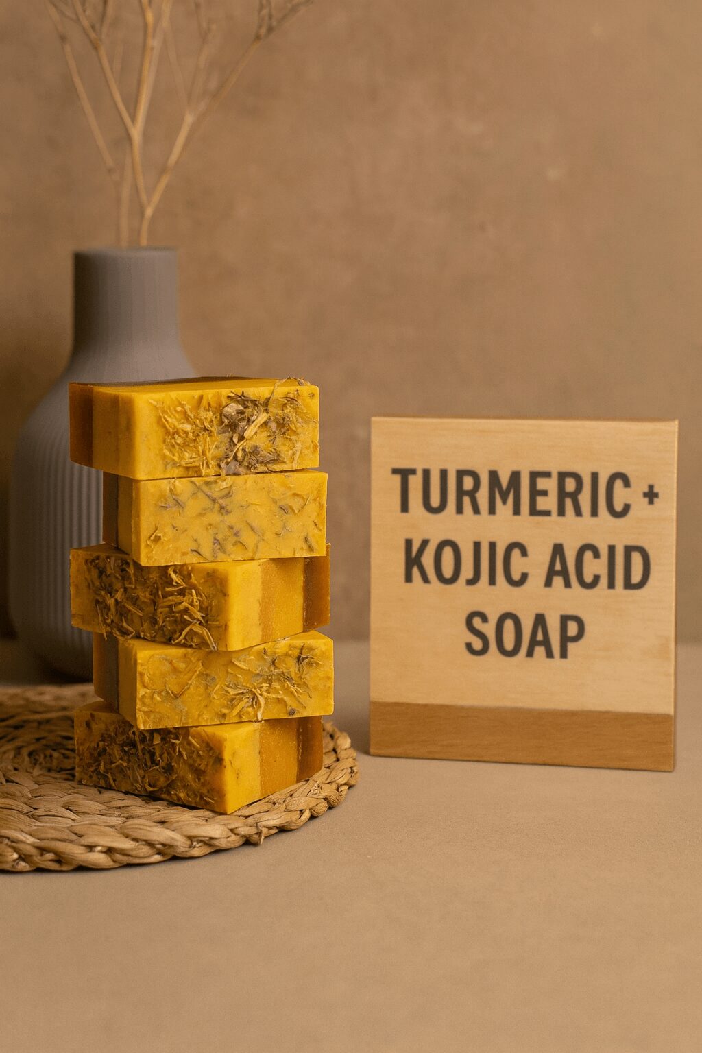 Stack of five yellow soap bars with herbal patterns next to a sign reading turmeric and kojic acid soap.