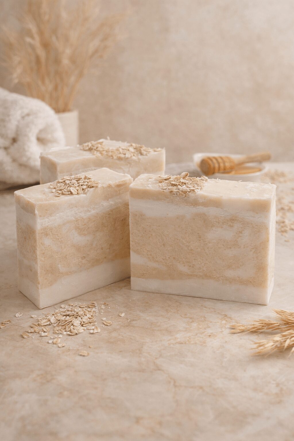 Three bars of soap with oats on top, placed on a beige surface with a towel and honey dipper in background.