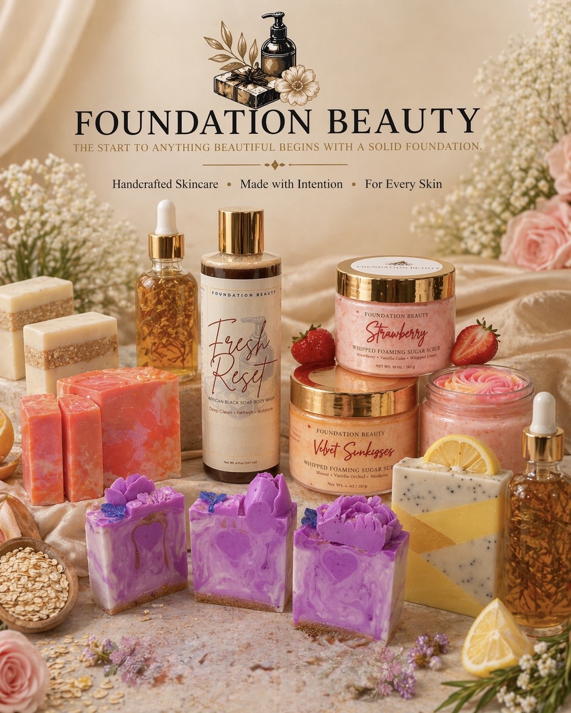 Display of skincare and soap products with pink, purple, and yellow packaging, surrounded by flowers and natural elements.