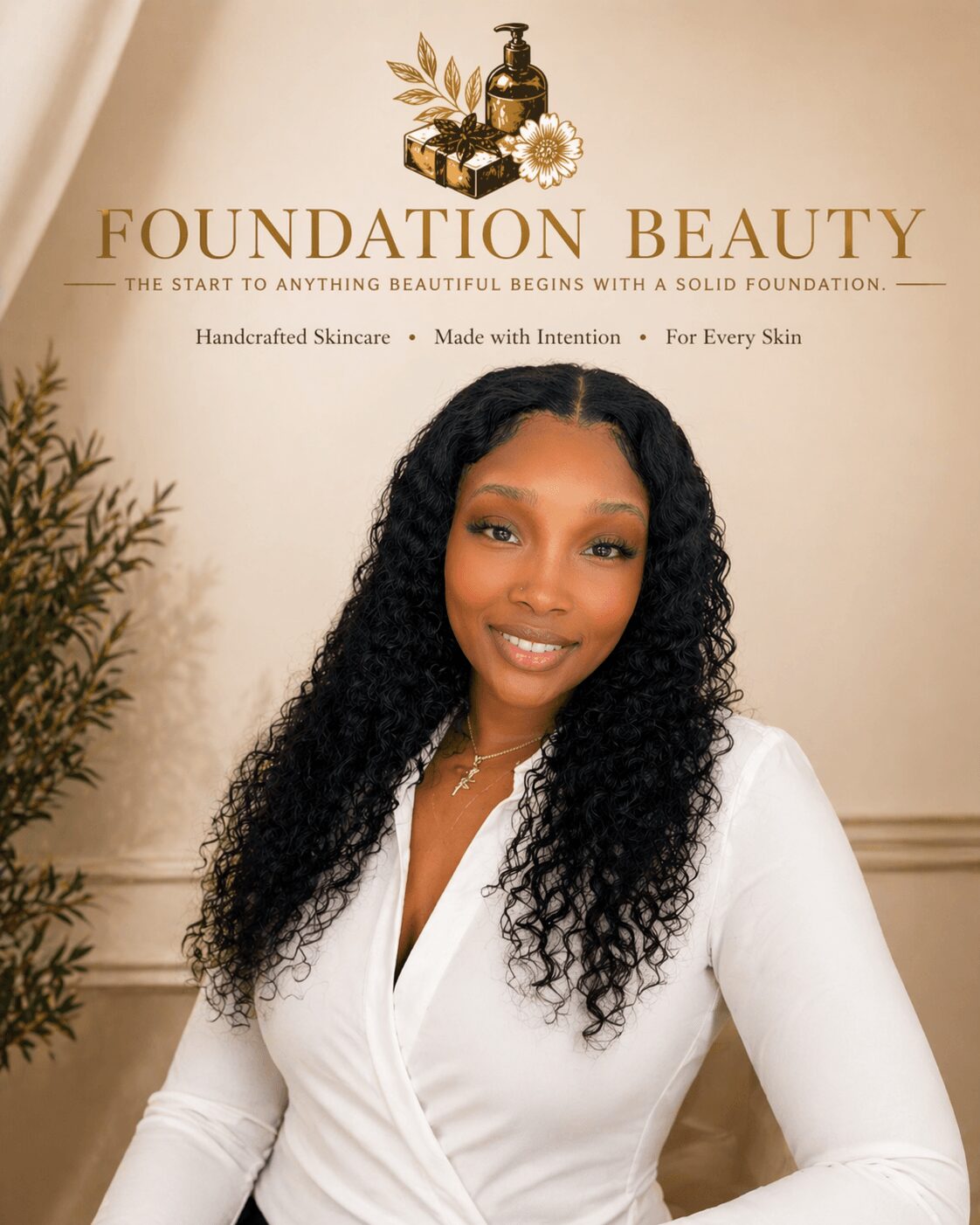 Smiling woman with long curly hair in white outfit, standing in front of foundation beauty sign.