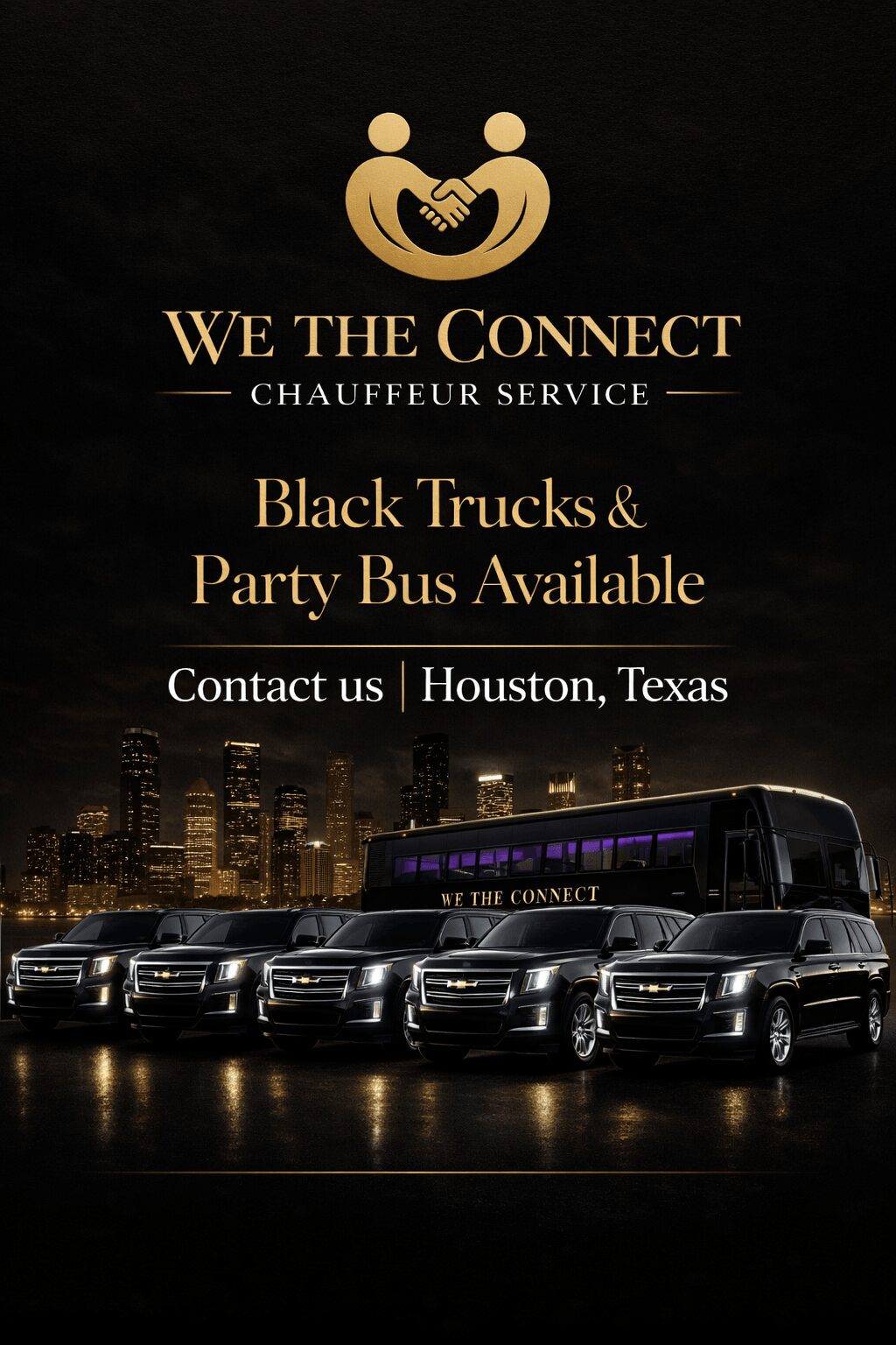 Black buses parked in front of city skyline at night, advertisement for chauffeur service, Houston, Texas.