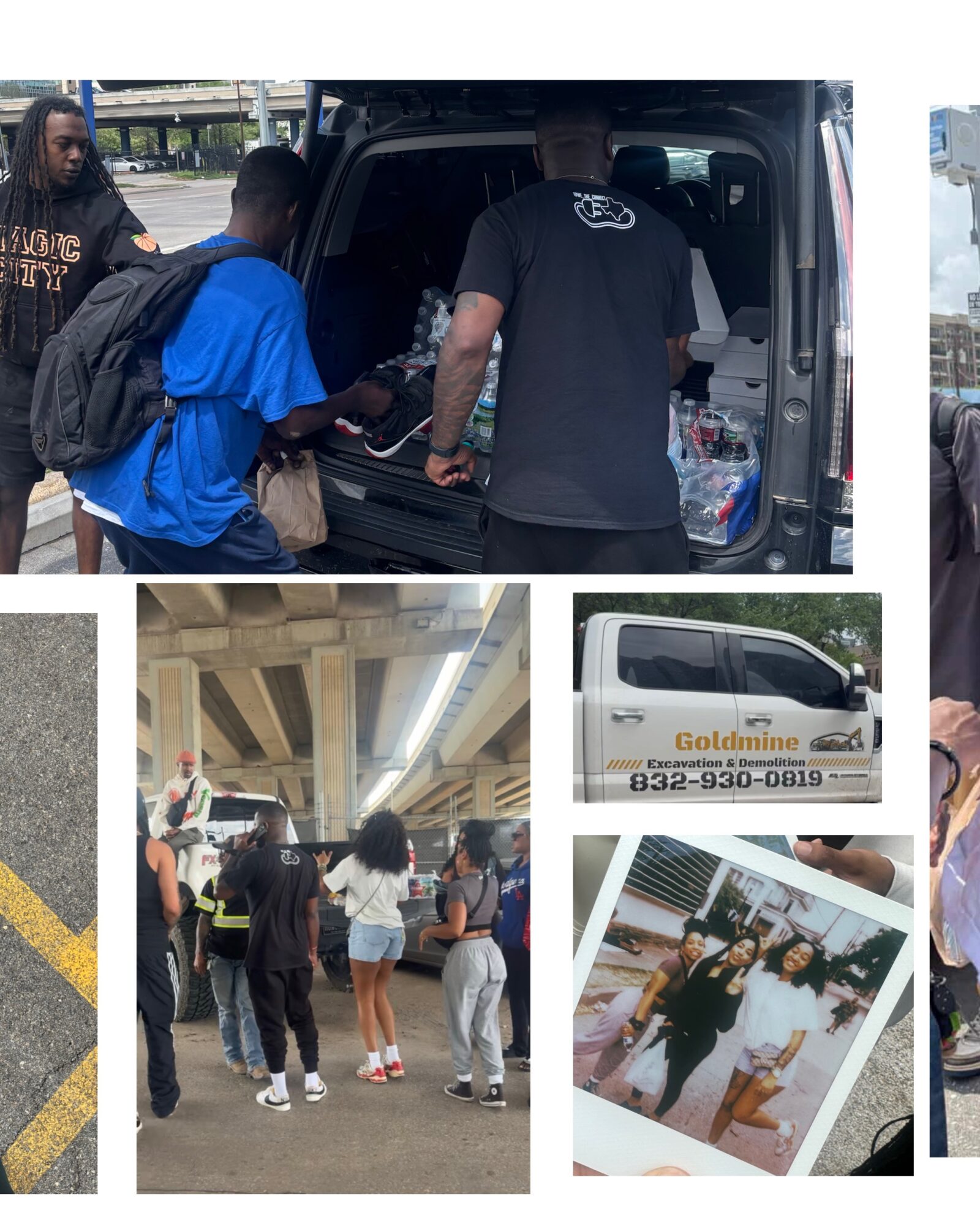 People gather around a vehicle and under a bridge, with a photo of two women and a man in the collage.