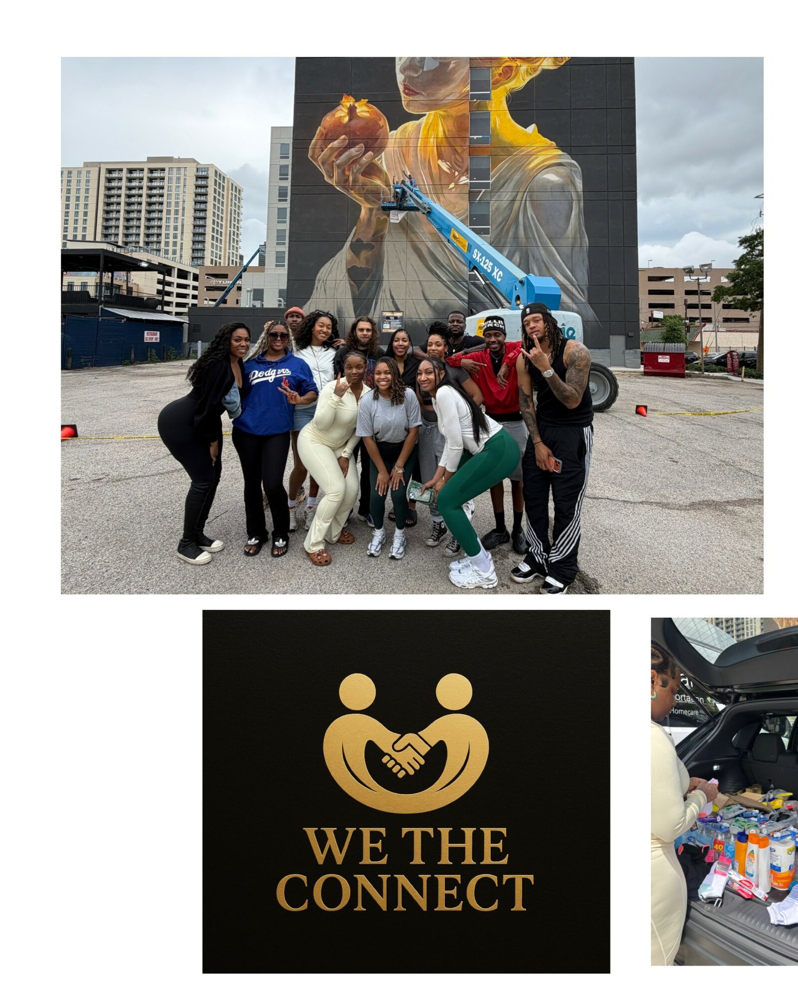 Group of people standing outdoors in front of a large mural, some smiling and posing for the photo.