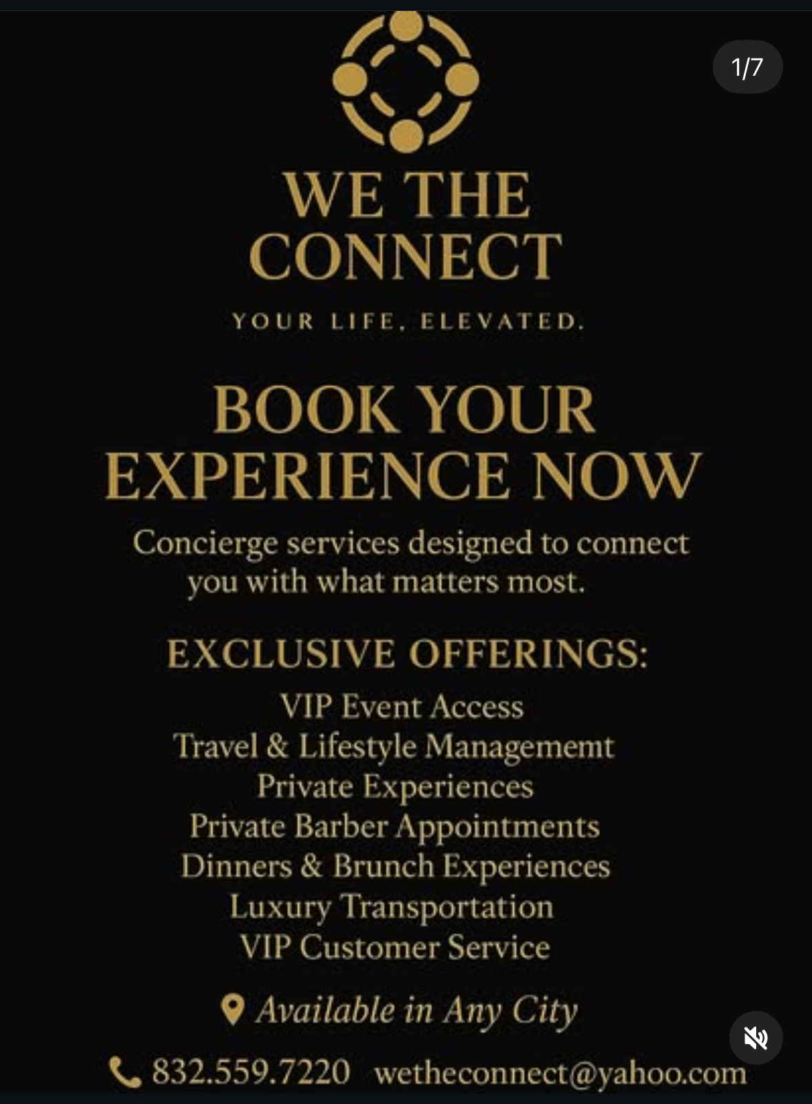 Black background with gold text promoting exclusive concierge services and VIP experiences in various cities.