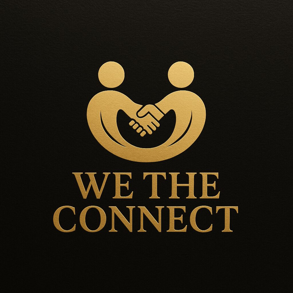 Gold icon of two people shaking hands with a curved line beneath, and the text 'WE THE CONNECT' below.