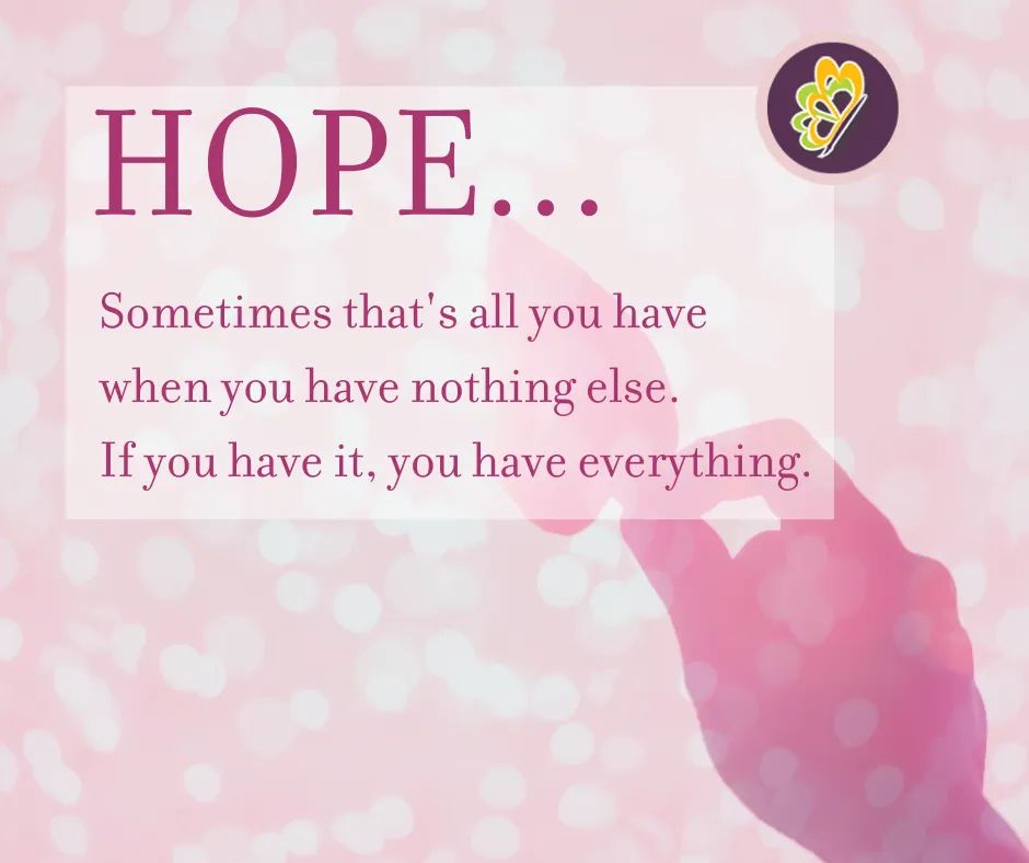 Pink background with a hand pointing upward, text about hope and a small butterfly icon in the corner.