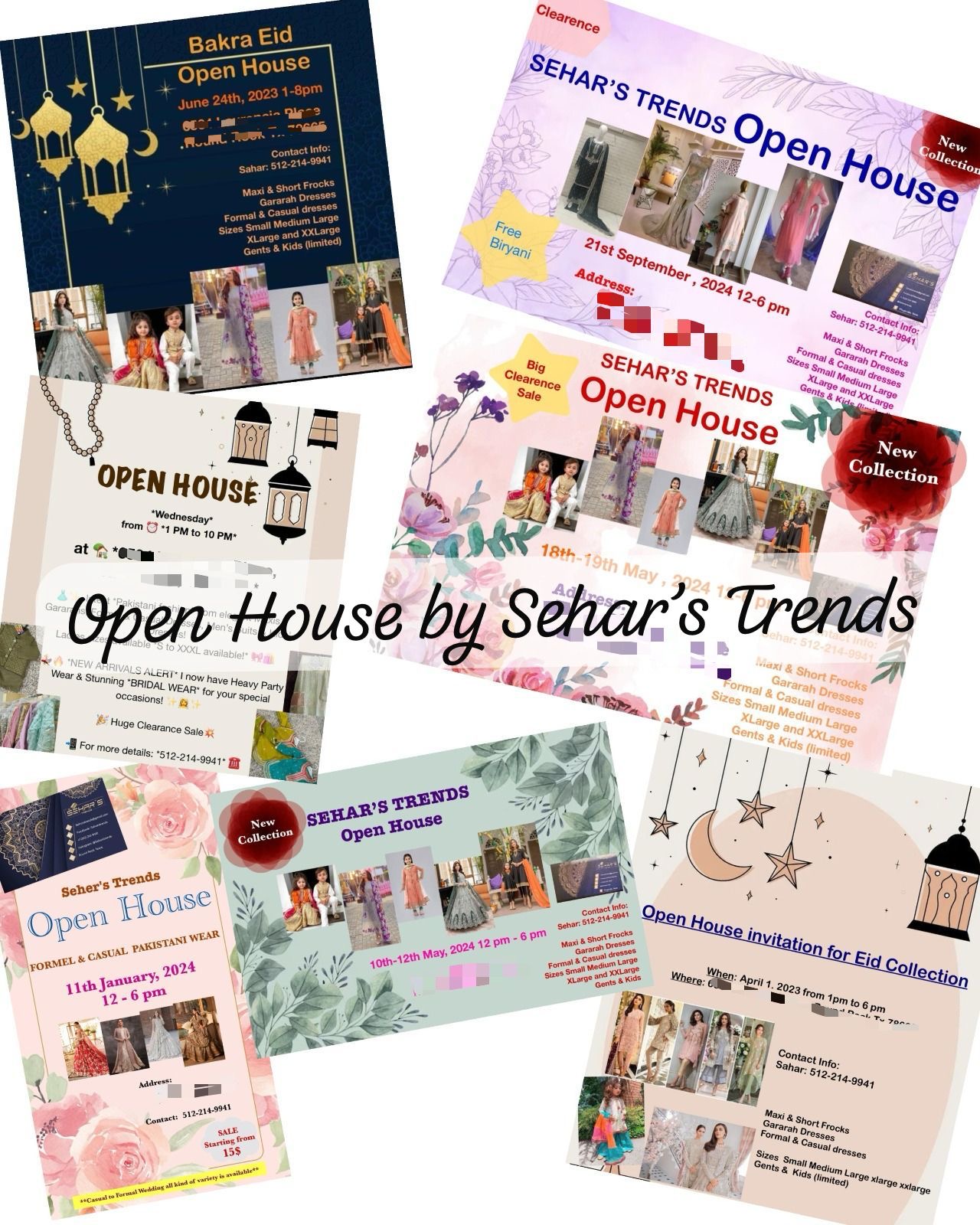Multiple flyers and posters for open house events with colorful designs and images of people and decorations.