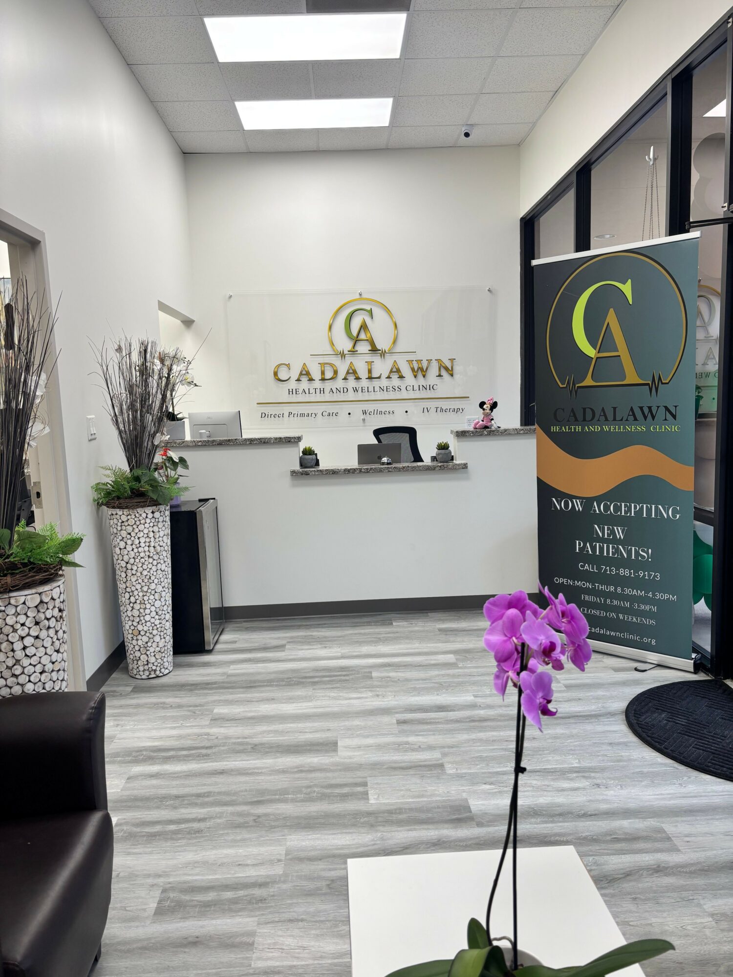 Reception area with white desk, purple orchid, potted plants, and a sign reading 'Cadalawn' in the background.