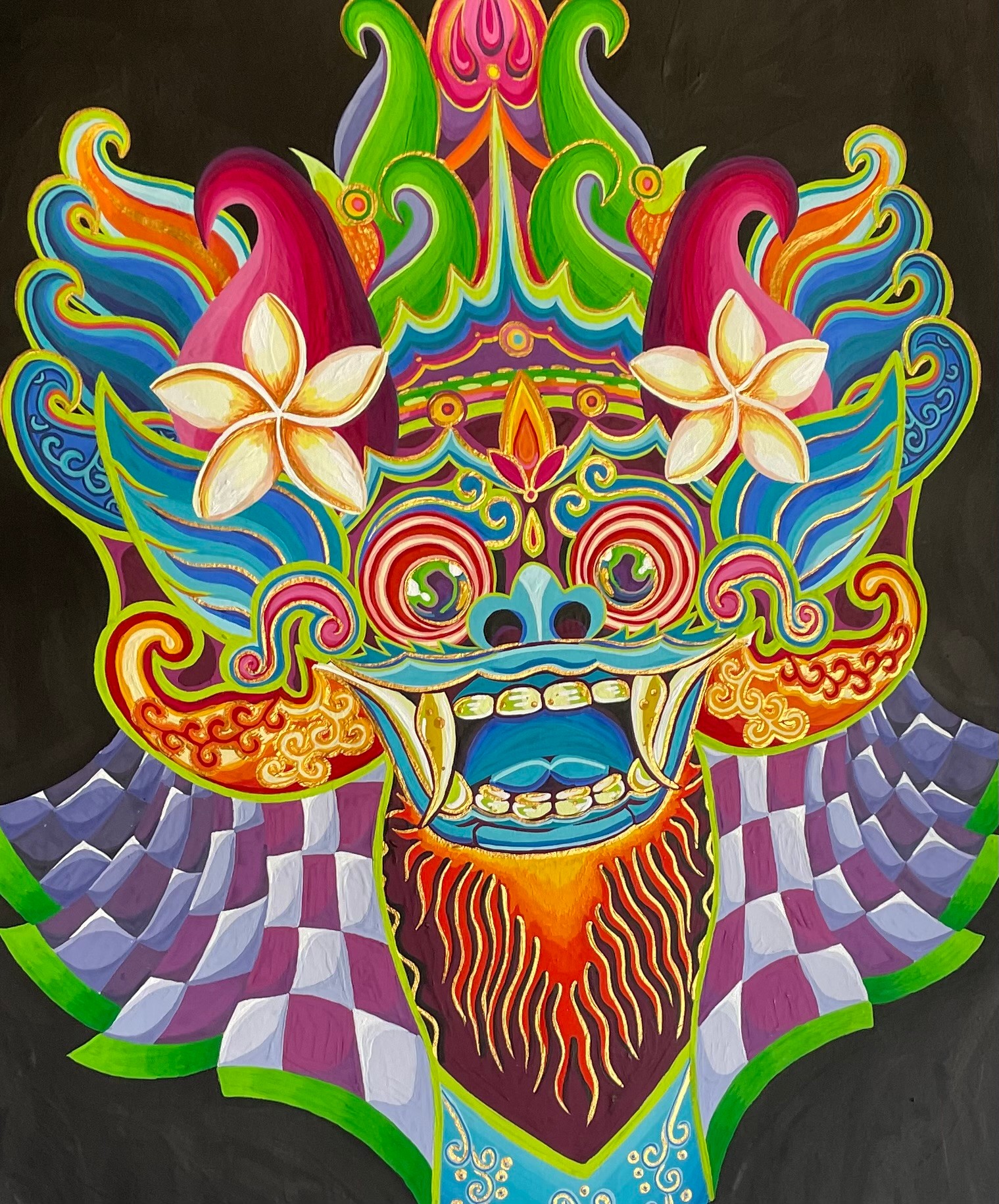 Colorful, intricate dragon mask with floral and wave patterns, set against a dark background.