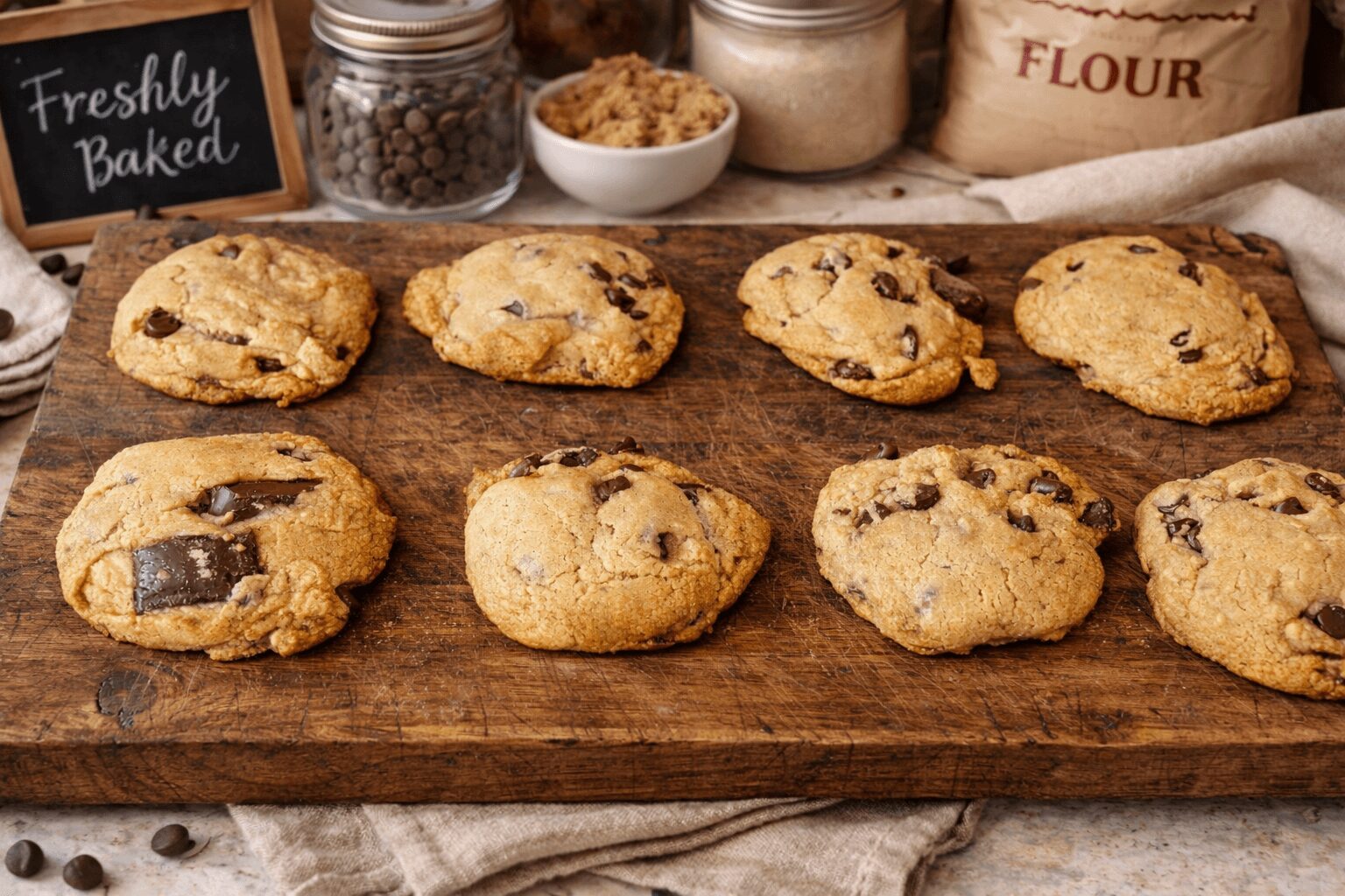 Eight chocolate chip cookies on a wooden board with baking ingredients in the background.