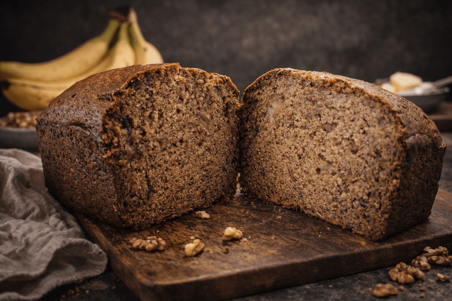 Loaf of banana bread cut in half on a wooden board with bananas in background.