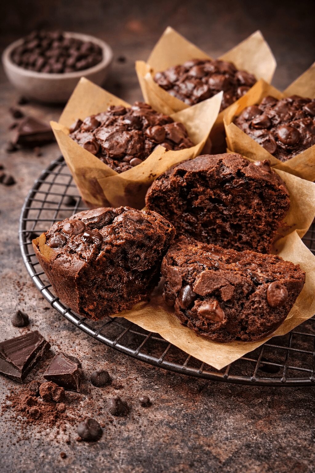 Chocolate muffins on a wire rack with parchment paper, some broken, with chocolate pieces and a bowl of chocolate chips nearby.