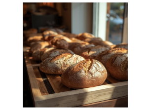 Loaves of bread on a wooden tray near a window, sunlight illuminating the bread, with a blurred background.