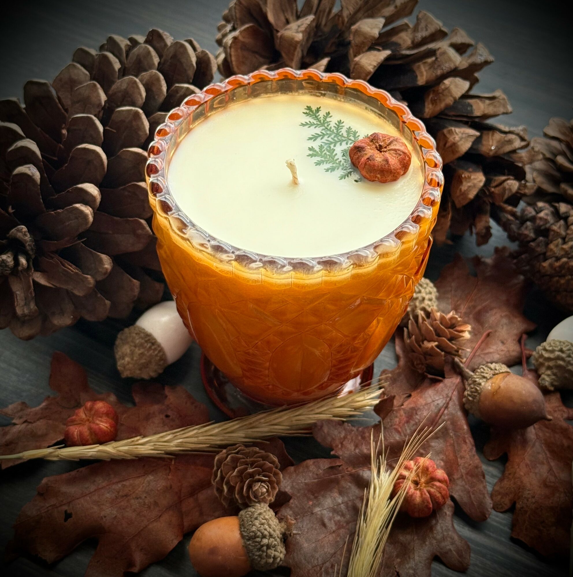 Decorative candle in an orange glass holder surrounded by pinecones and autumn leaves, with a wick and a small green leaf on the candle.