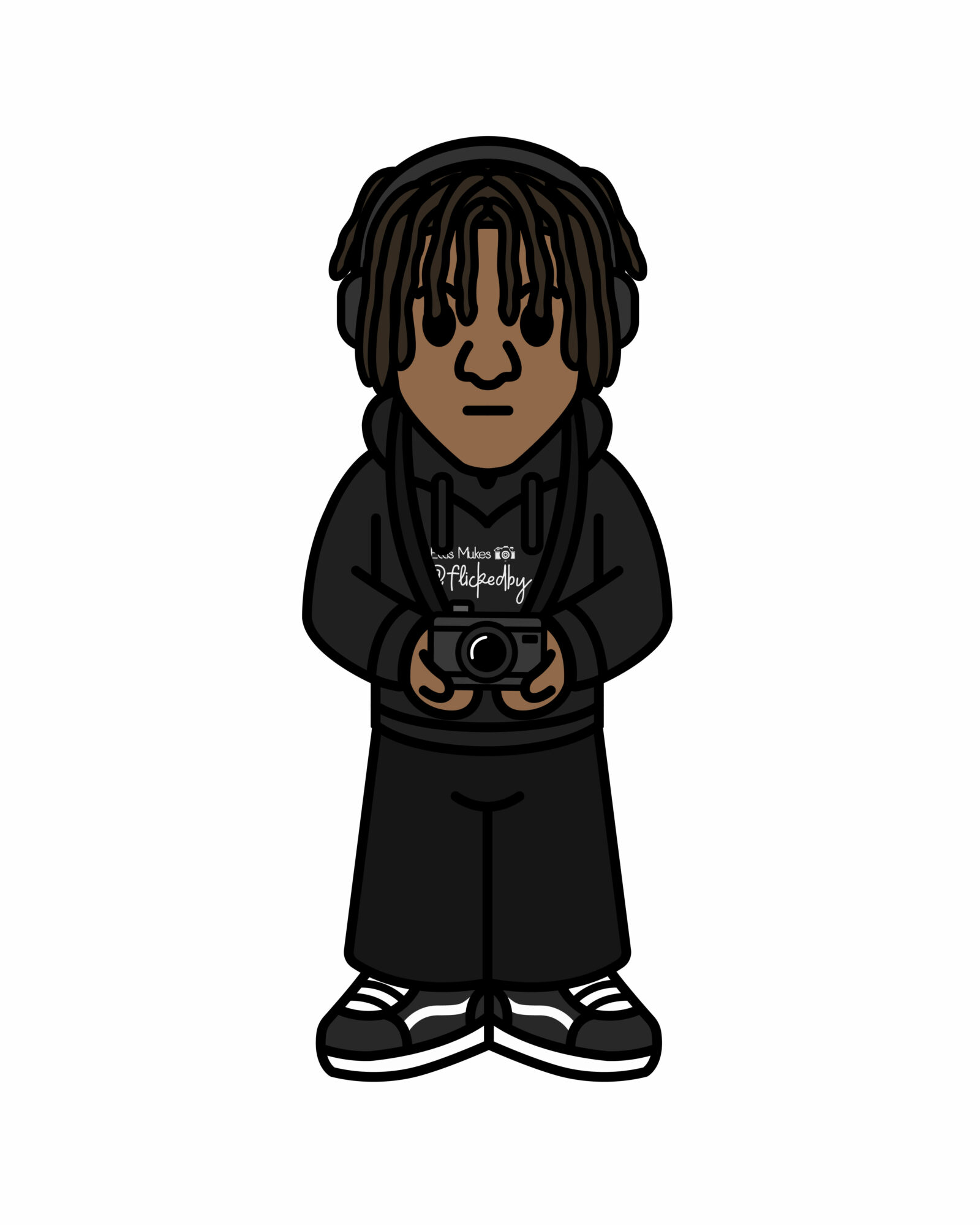 Cartoon person with dreadlocks holding a camera, wearing a black hoodie, black pants, and sneakers, standing against a white background.