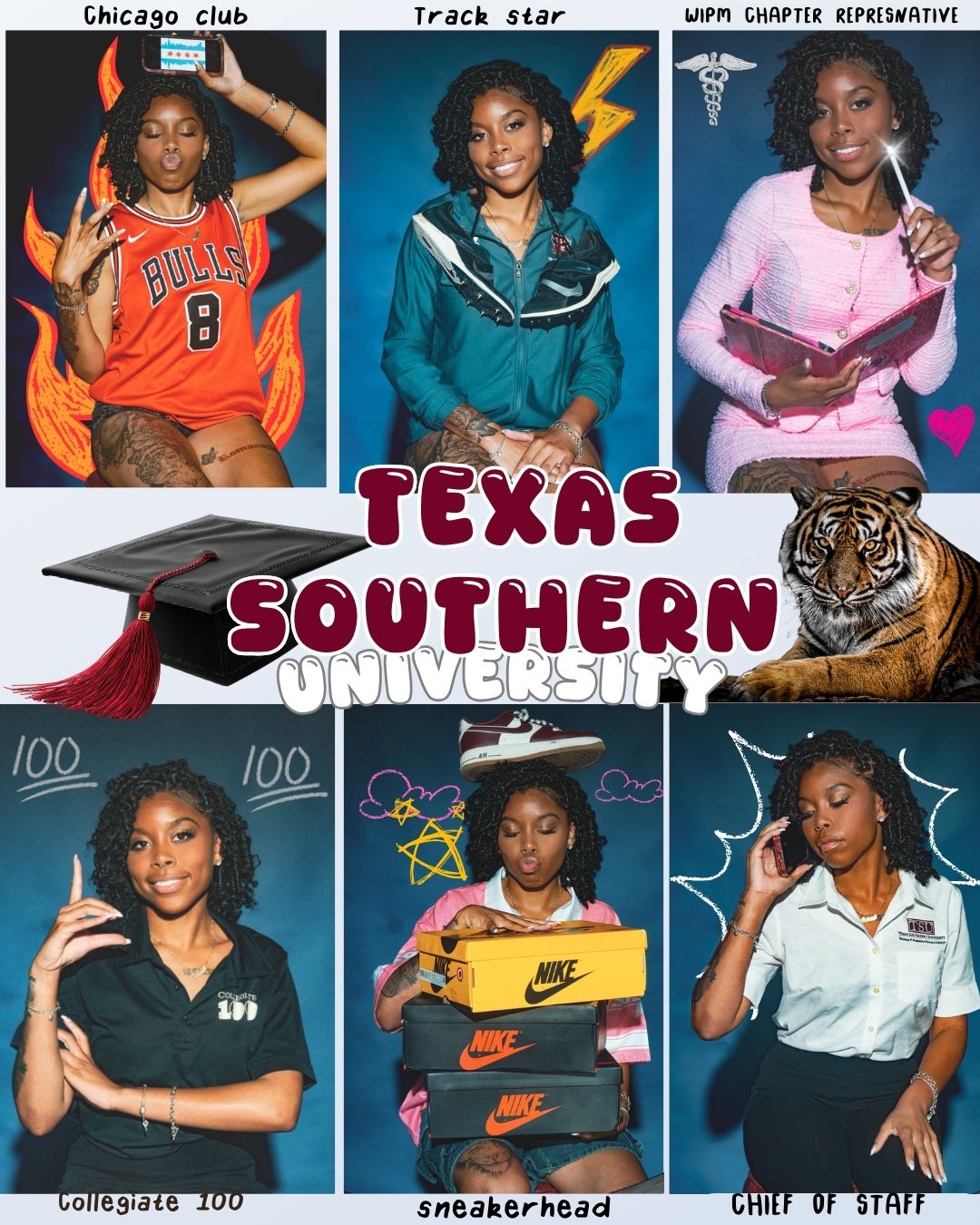 Six young women in various outfits, some with books or sports gear, with Texas Southern University logo and tiger mascot.