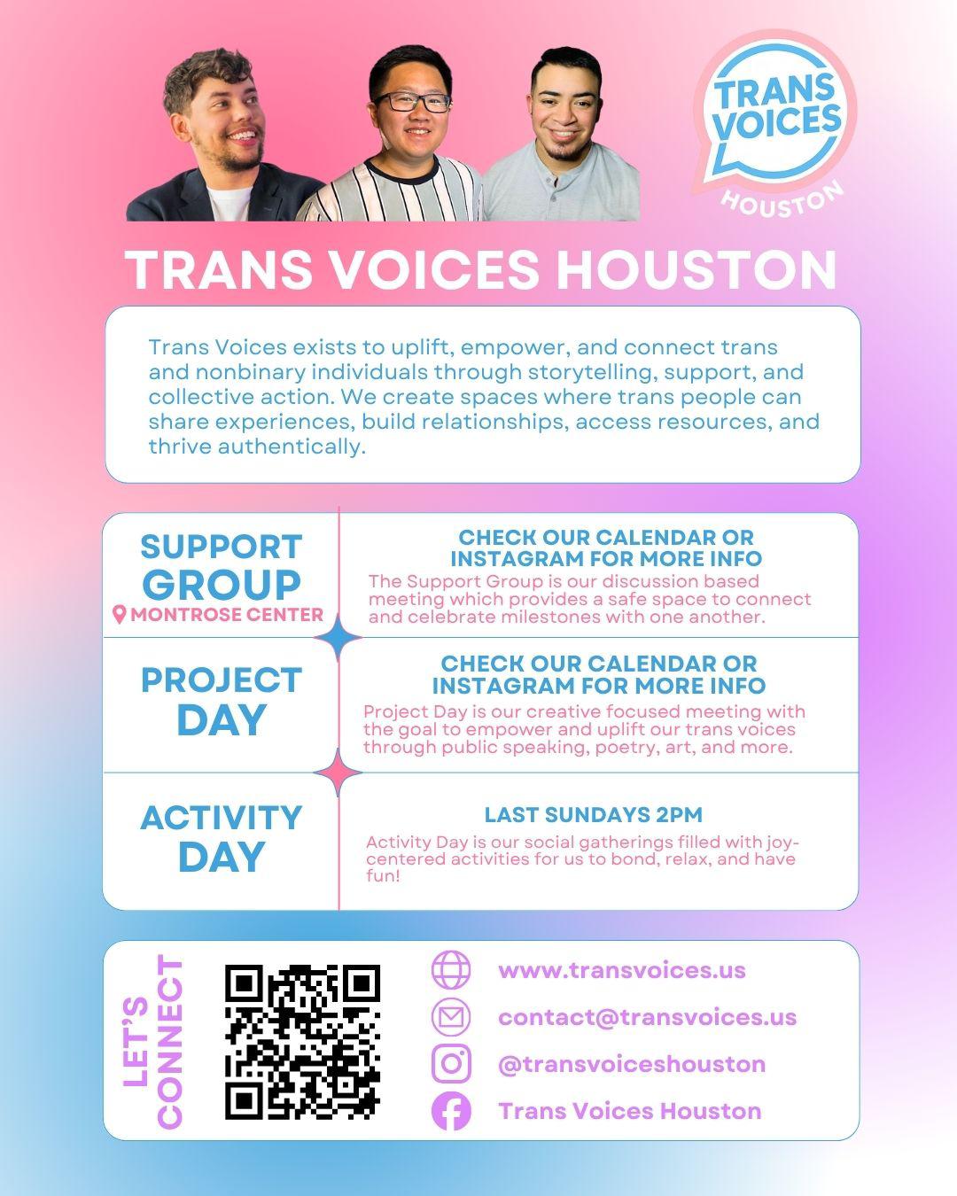 Group of three people smiling against pink background, supporting Trans Voices Houston event, with QR code and contact info below.