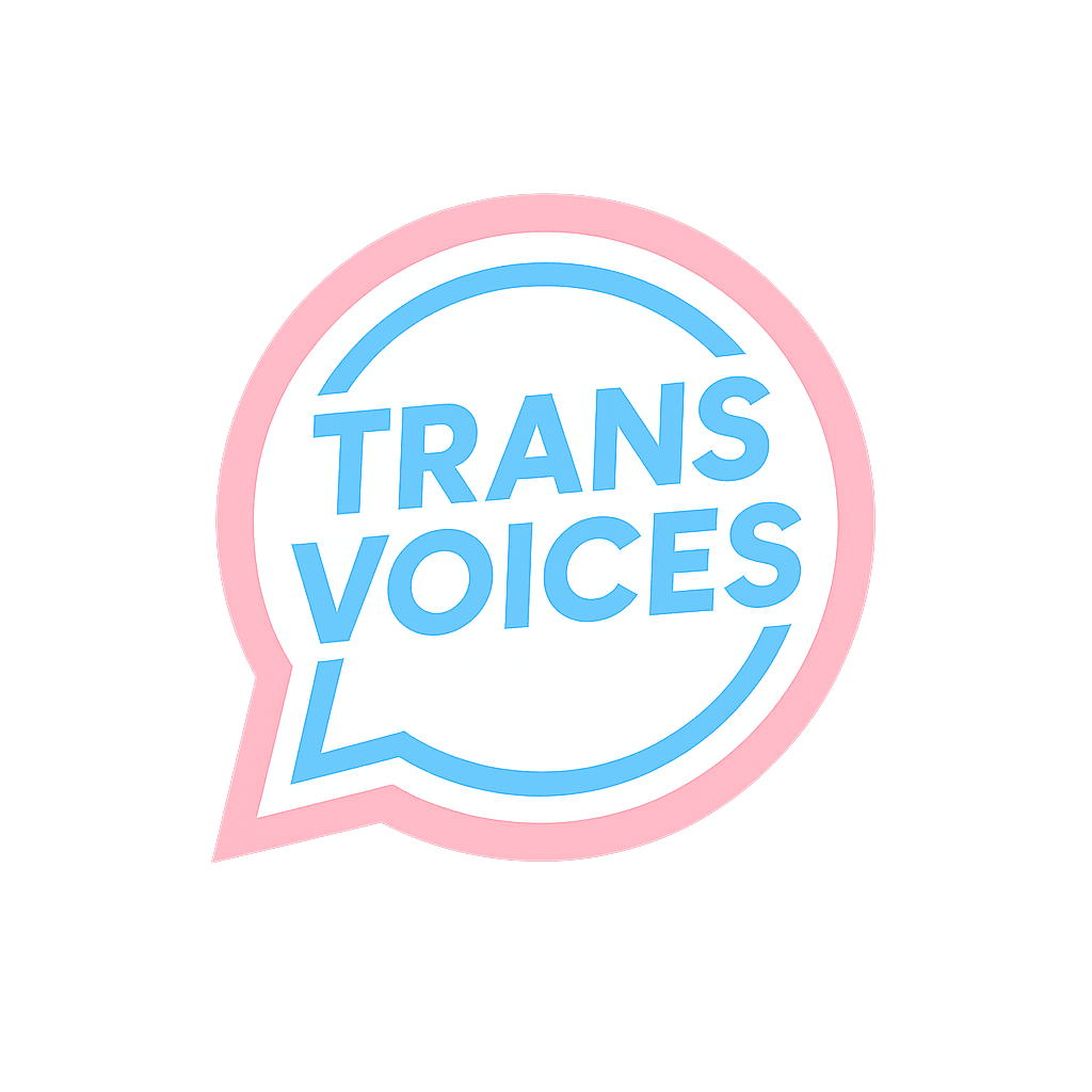 Speech bubble with pink outline and blue text reading 'TRANS VOICES' on a black background.