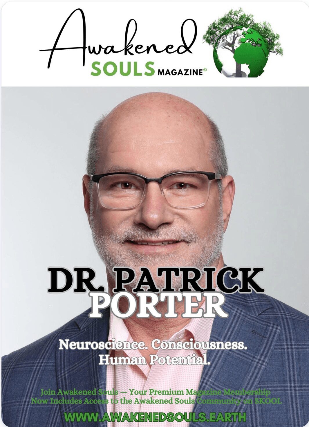 Magazine cover featuring a man with glasses, smiling, wearing a blue checkered suit, with text about neuroscience and human potential.