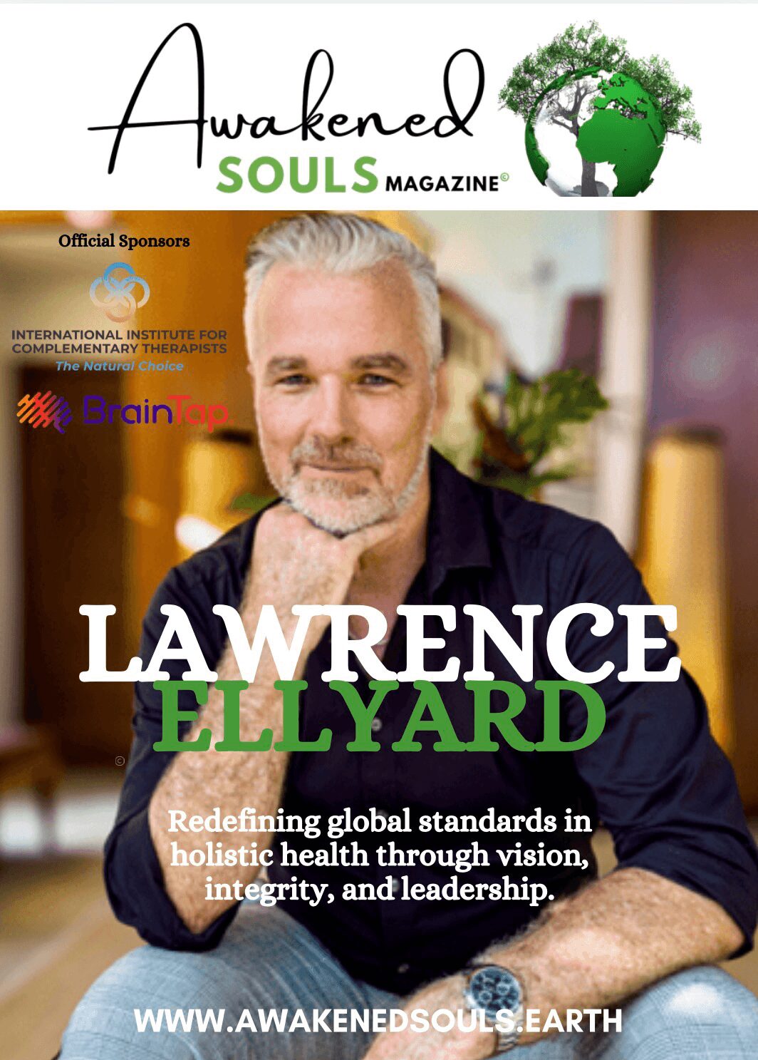 Magazine cover featuring a man with gray hair and beard, sitting with hand on chin, smiling, with text about holistic health.