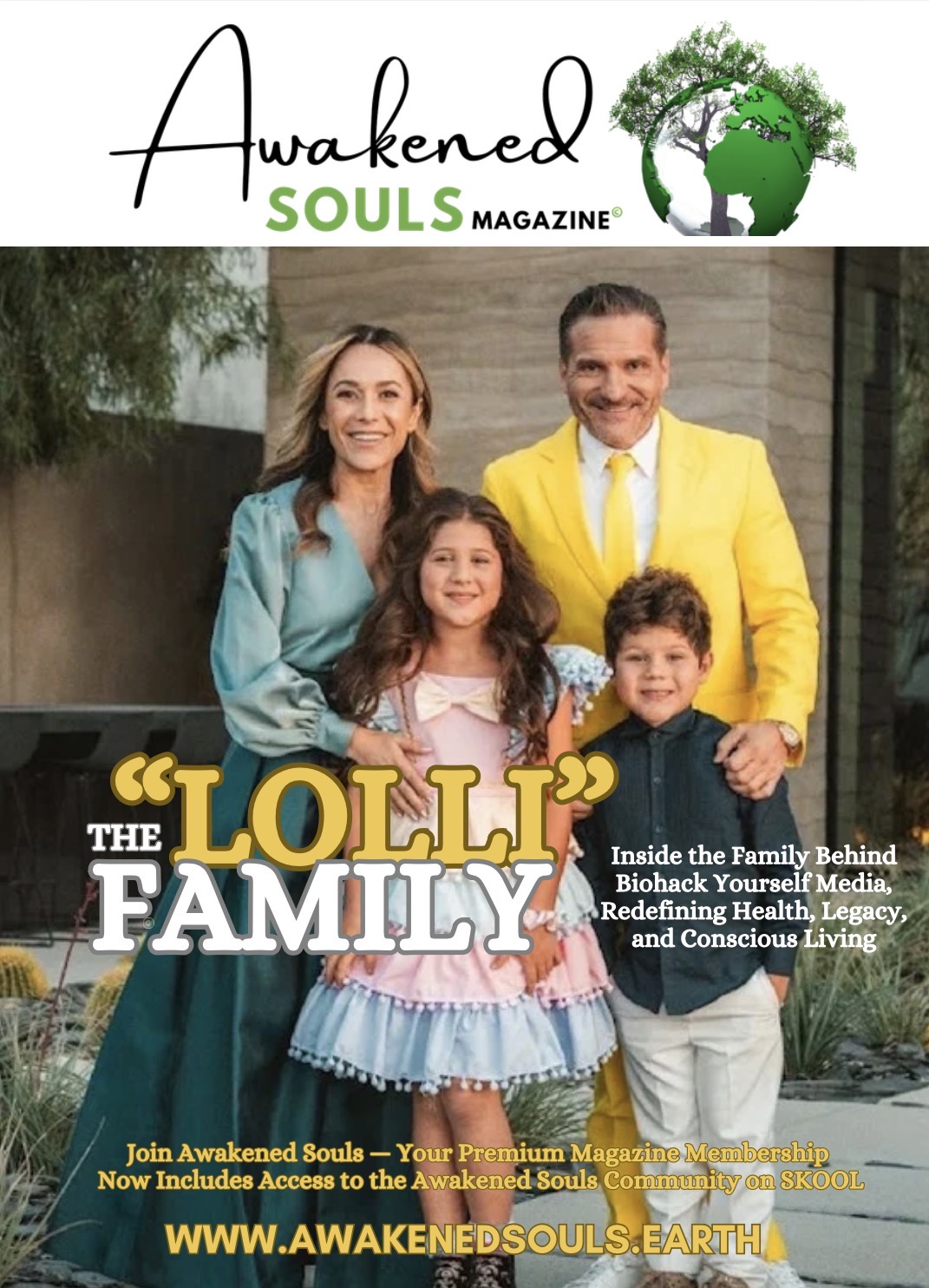 Family of four smiling outdoors, two adults and two children, with magazine title and text overlay.