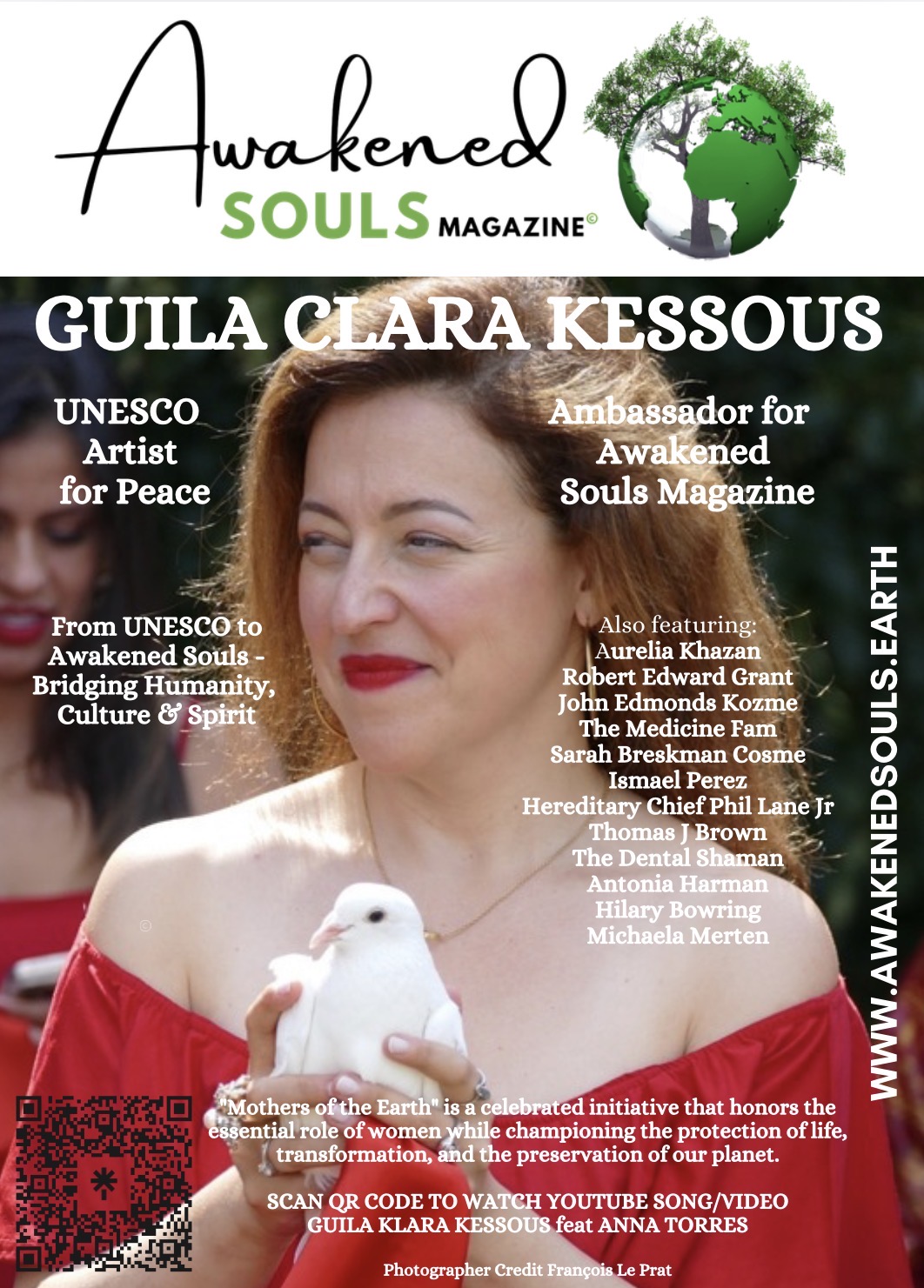 Magazine cover featuring a woman with short hair, a white dove, and text about Guila Clara Kessous and peace initiatives.