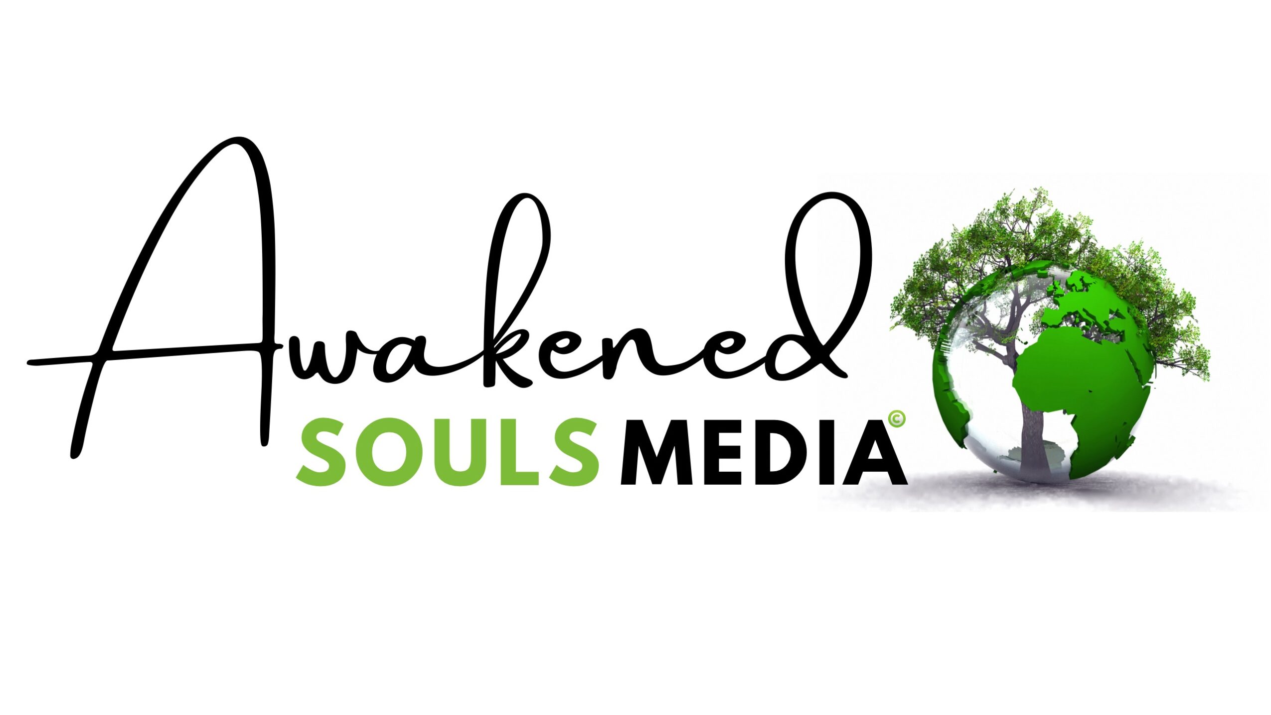 Logo with text 'Awakened SOULS MEDIA' and a globe with a tree growing from it, green and black colors.