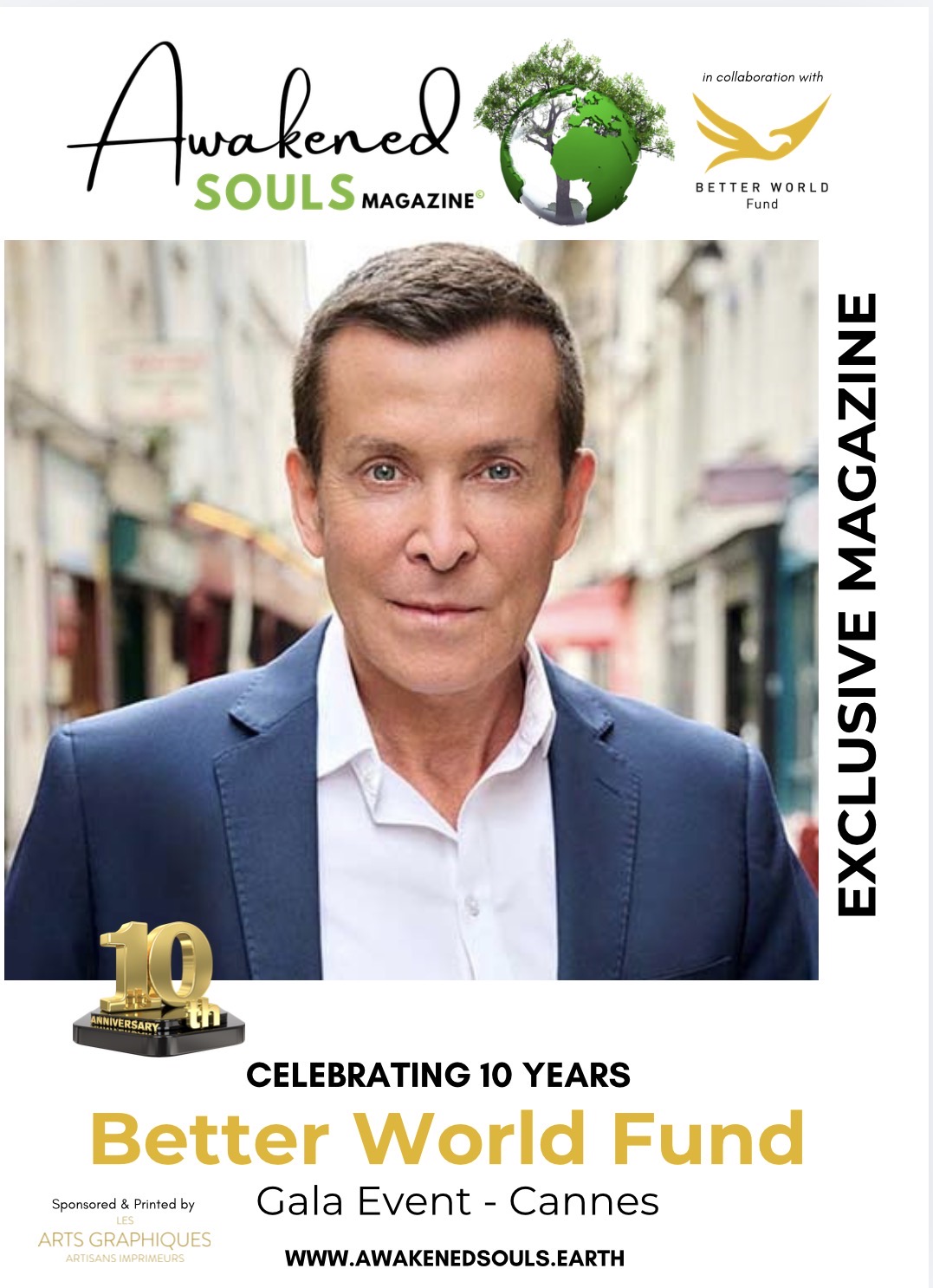 Man in a suit outdoors, smiling, with buildings in the background, on the cover of a magazine celebrating 10 years.