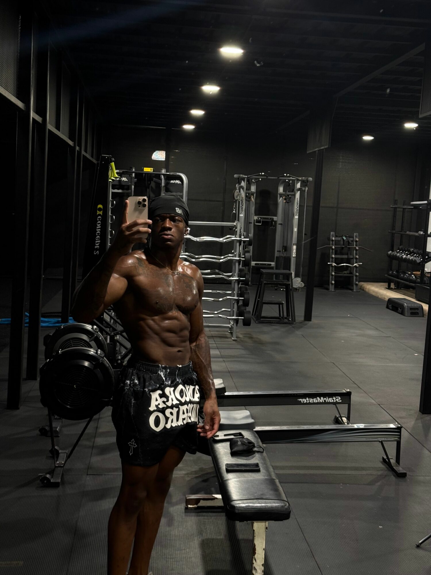 Person taking a mirror selfie in a gym, showing muscular upper body, with gym equipment in background.